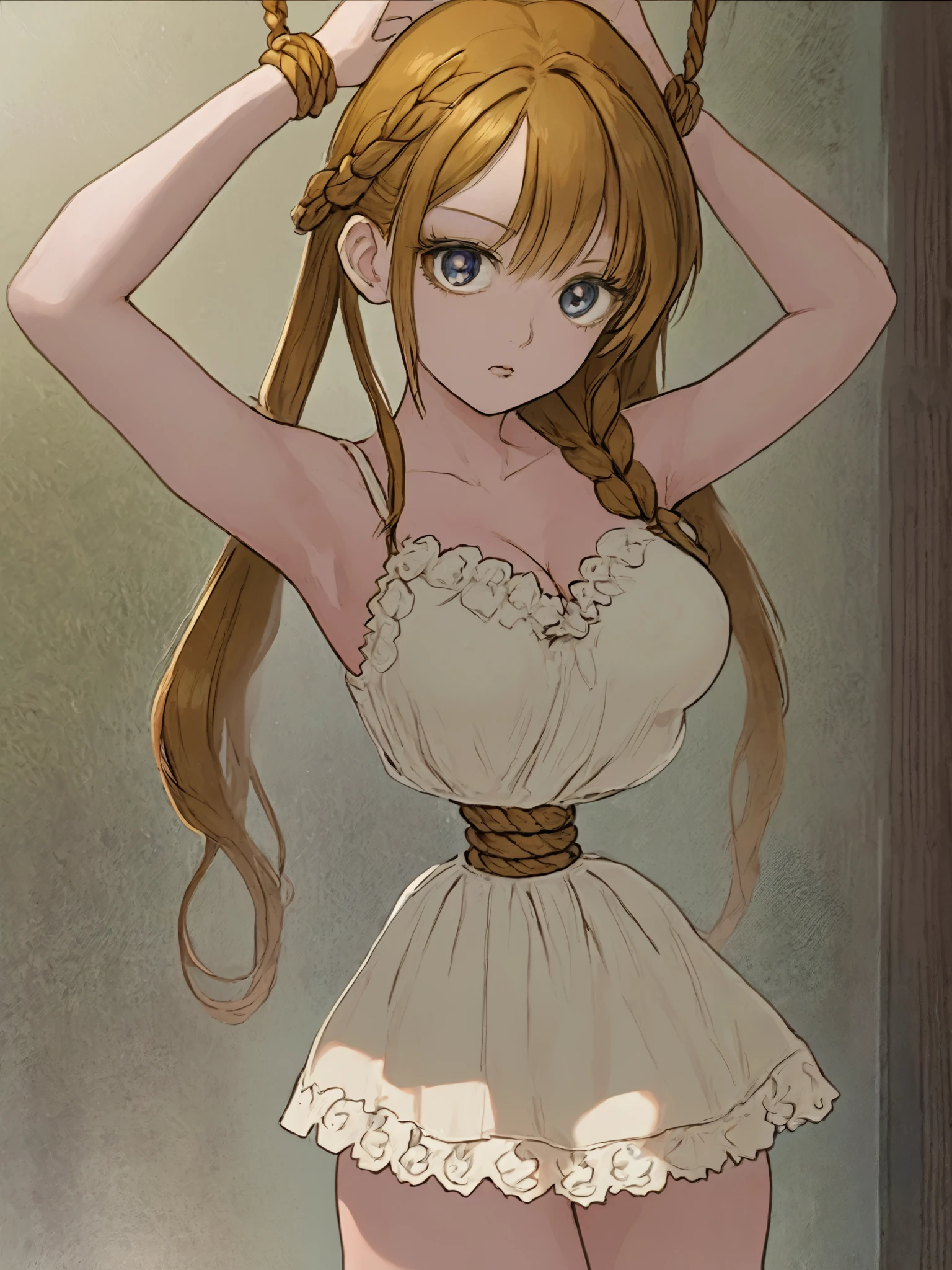 (( anime style))),(( Masterpiece )), (( best quality)), ( super detailed),torture chamber,(((The hemp rope is tightly tightened to her waist))), cute girl, 1 girl,white ruffle slip dress, beautiful iightbrown hair ,( beautiful blrown eyes ), long hair, expression of pain