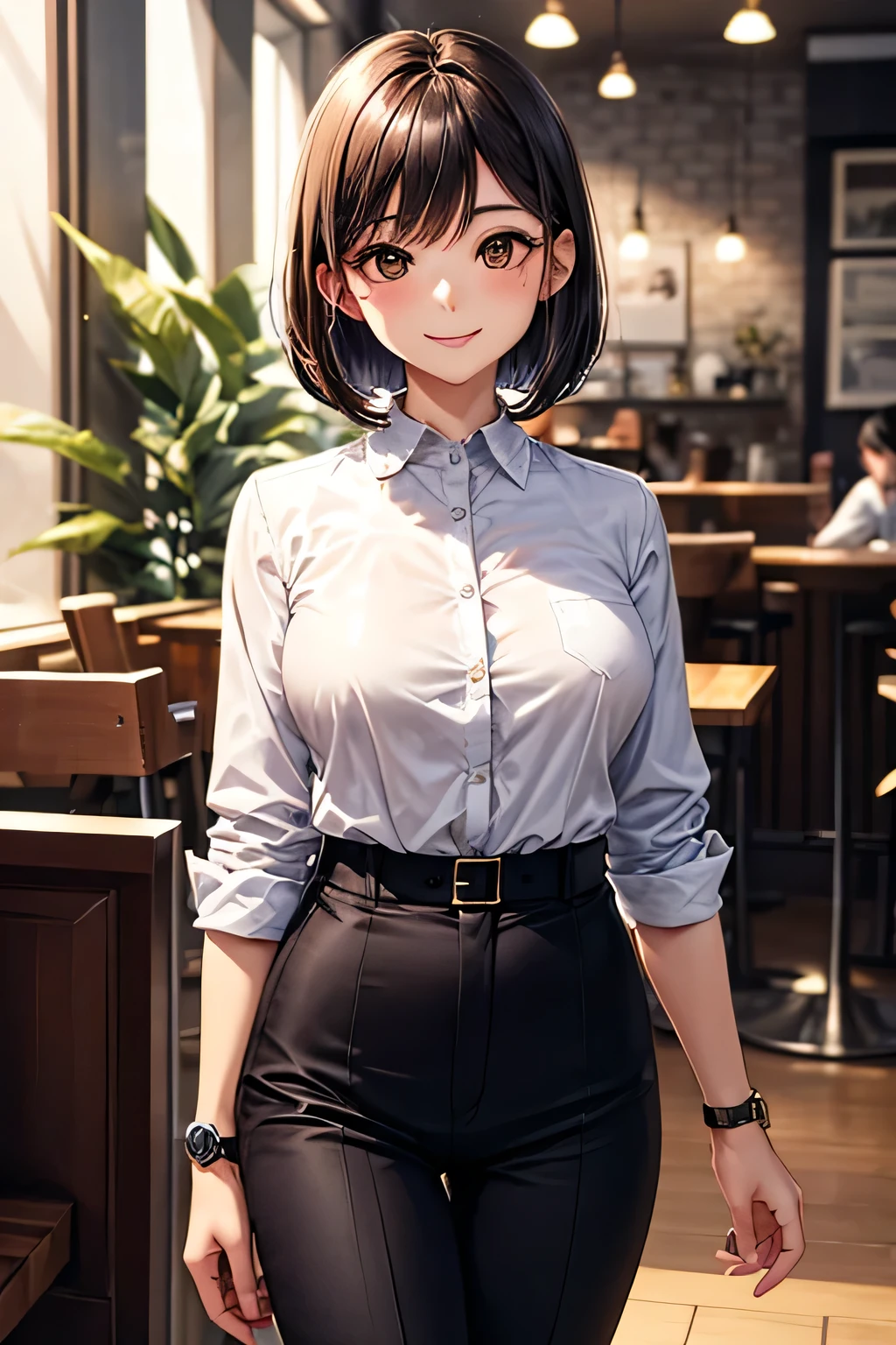 highest quality、complete limbs、Refers to the whole、1 beautiful woman、beautiful big breasted woman:1.3、Office Lady、((brown-haired woman:1.3))、Very Shorthair Woman、White Y-shirt with collar、navy blue pencil skirt、brown pantyhose、big smile、hands on hips