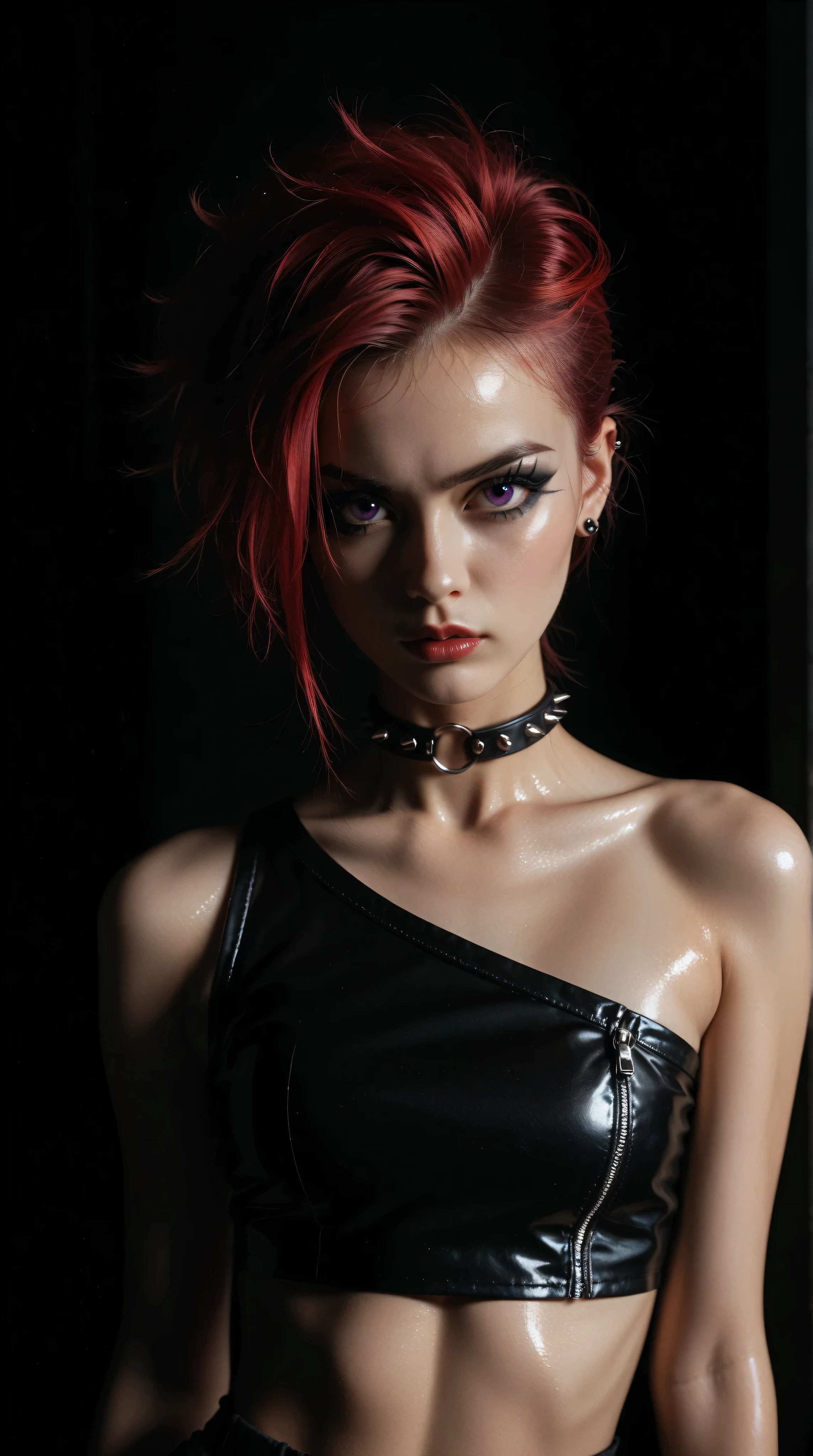 realistic, young korean goth girl, snapshot aesthetic, light black, blacks, reds, and whites, chinapunk, slender, karencore, high details, realsitic shadow, in motion, film still, kizi, clean background, black background, white background, red hair, purple eyes, annoyed, heavy makeup, shiny skin, 80s, retro, punk,