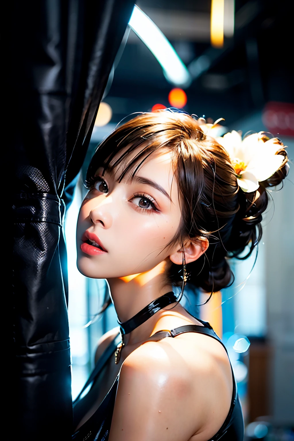 ((Best quality, 8k, Masterpiece :1.3)), 1girl, Pretty woman with emphasizing:1.3, (black hair, Ponytail, large breasts :1.2, School, Ultra-detailed face, Detailed eyes, Double eyelid