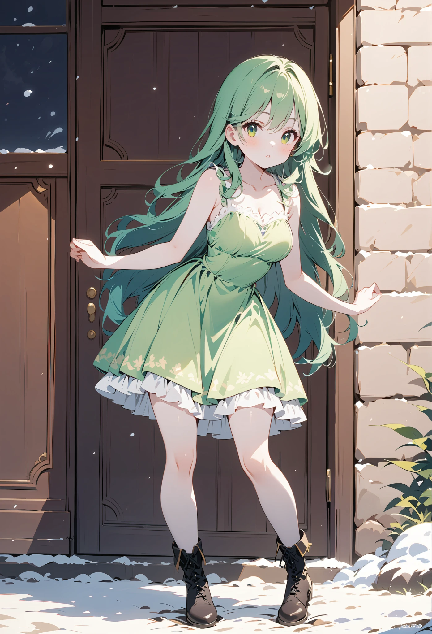  1 girl， Full Body Portrait， Green long hair ， green eyes， stands， a short cyan dress，Ankle boots，No decoration， show your legs ， show your arms， Snow White Skin ，Mature charm， cute