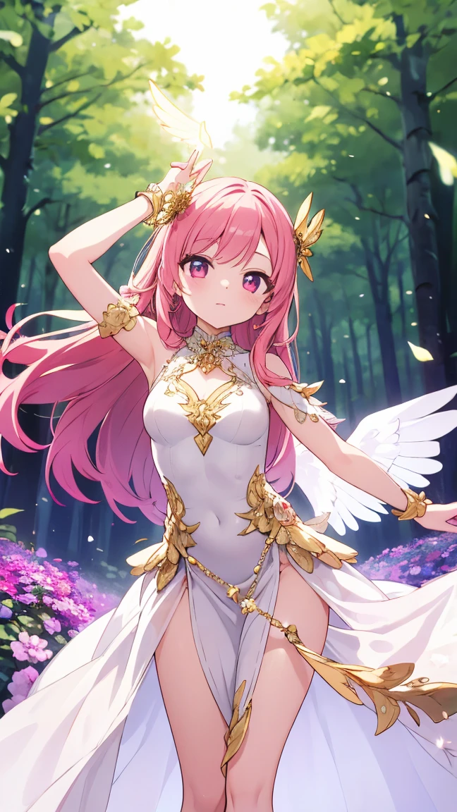 ((Beautiful)) ((Green eyes)) ((pink hair)) ((long hair)) ((cute white wings)) ((hourglass figure)) ((large breasts)) ((wide hips)) ((pink and white dress)) ((small hearts in background)) ((bow and arrow)) ((gold bow)) ((white arrow)) ((cupid)) ((dimples)) ((small hearts everywhere)) ((cute smile)) ((playful look)) ((doll like))
