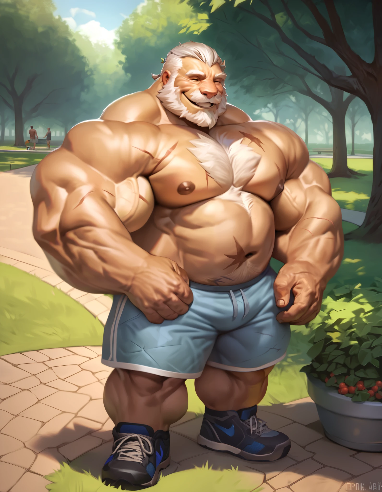 2boys, duo, hug, a man with big giant muscle tall body, old man, smile, happy, topless, shirtless. full body, standing, solo, very big, very tall, very muscular,chest scar, shorts, park, nipples, masterpiece, semirealistic:1.2, high detailed, 8k, high resolution