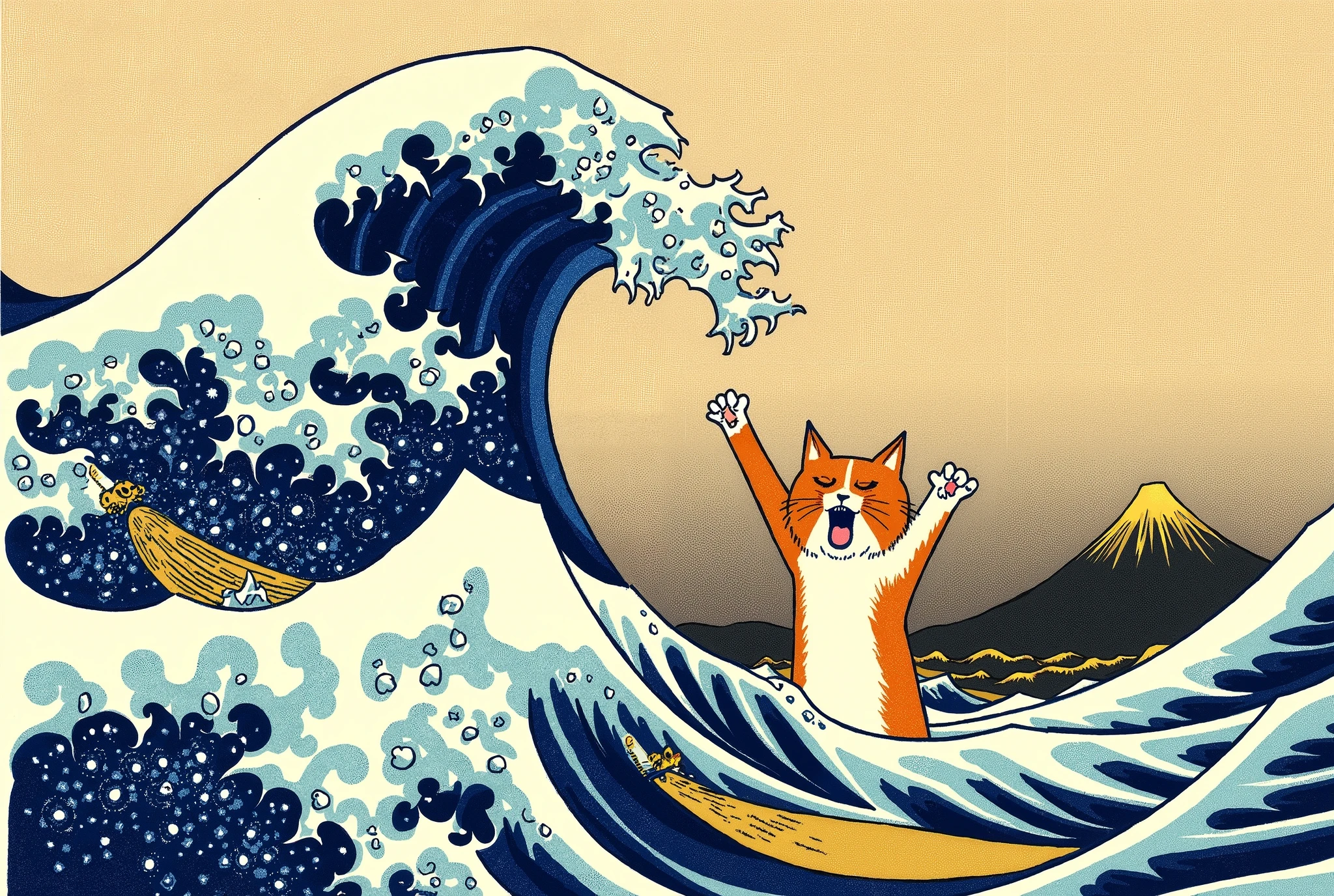 _A highly detailed ukiyo-e style illustration inspired by Katsushika Hokusai’s “The Great Wave off Kanagawa.” A massive, curling wave with intricate foam patterns towers over a startled yet playful cat, caught in the midst of the swirling water. The wave follows the traditional Japanese woodblock print aesthetic, with deep indigo blues, delicate white foam, and meticulously drawn ripples that emphasize movement and power.

The cat, drawn in a classic ukiyo-e style, has exaggerated fur bristling in reaction to the water, its wide eyes filled with surprise and a mix of curiosity and fear. Its paws are raised instinctively, either attempting to escape or daringly interacting with the powerful wave. The fur texture is finely detailed, mimicking traditional woodblock shading techniques.In the background, Mount Fuji stands serenely, providing a sense of depth and balance to the composition. Additional distant waves subtly blend into the sky, enhancing the scene’s vastness. The dynamic contrast between the fierce movement of the waves and the cat’s lively expression adds an element of humor and charm to the artwork.

The entire scene retains an authentic ukiyo-e aesthetic, complete with crisp linework, rich color gradation, and the characteristic flat perspective. The print-like texture and soft, muted palette with golden undertones make this a visually engaging and timeless piece, perfect for art lovers and collectors._