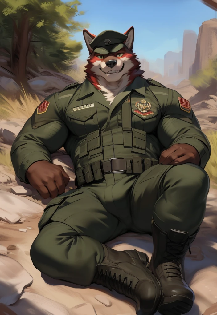 furry, anthro, border-collie, realistic canine penis:1.3, canine penis:1.8, canine penis:1.2, (he is wearing military black clothes:1.6), realistic canine penis, big flaccid testicles:1.4), super detailed, detailed face, best art, 8k, vibrant, by snowskau:0.4, by taran fiddler:1.8, by RedRusker:1.8, art stile, 3D, half body, halfbody