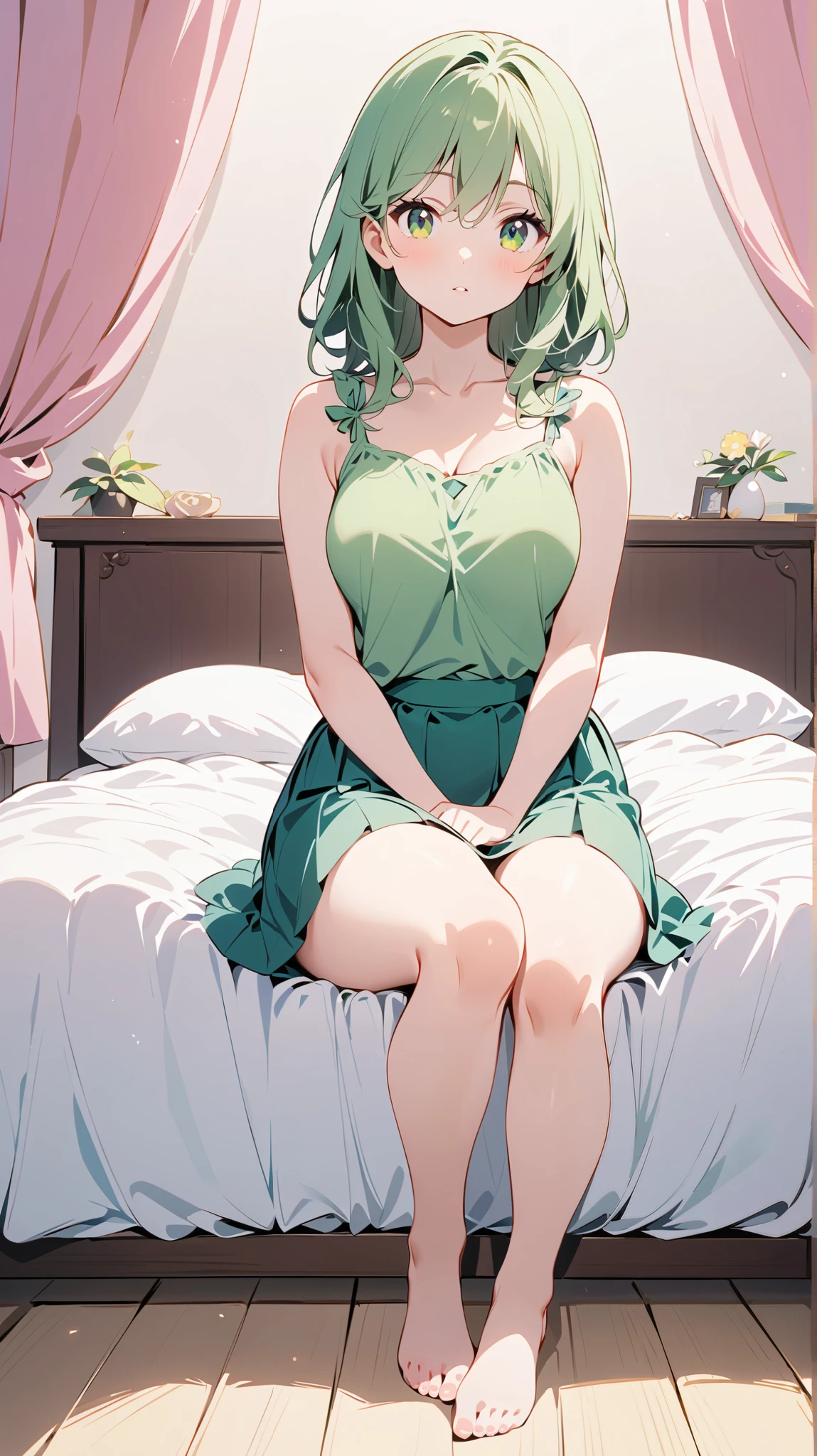 1 girl, Full Body Portrait, Green long hair , green eyes, sit on the bed ,Green top, green skirt with bow ,plain and unadorned , show your legs , show your arms,Mature charm, cute,Strong