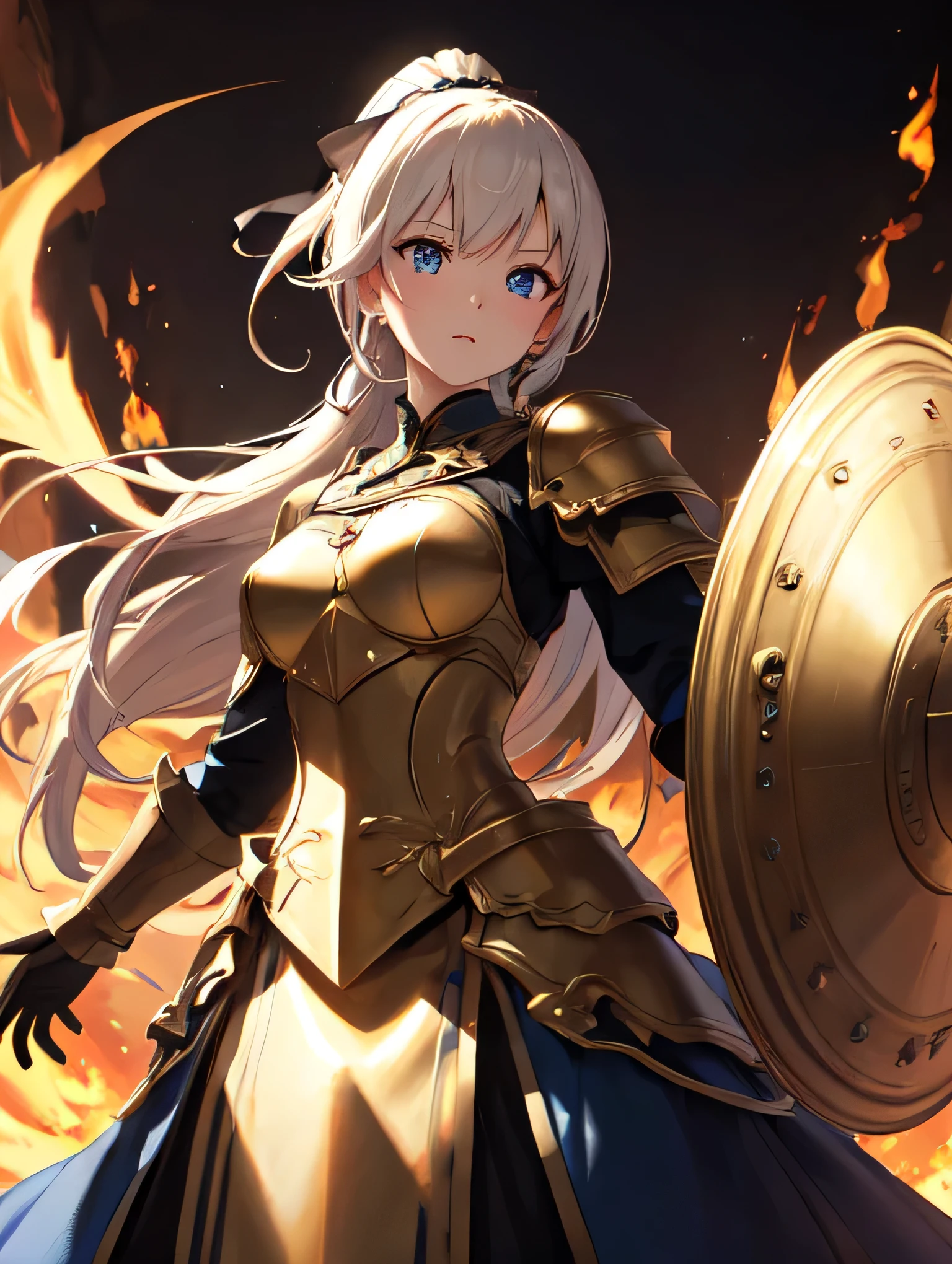 masterpiece,best quality,highres,cinematic lighting,dramatic angle,1girl,alternative2, hair ornament,ponytail,ribbon,glowing,serious,shaded face,black armor,white and gold drress,looking at viewer,dynamic angle,flames,depth of field,blue eyes,cowboy shot,holding gold shield,from below,close-up,floating shield object
