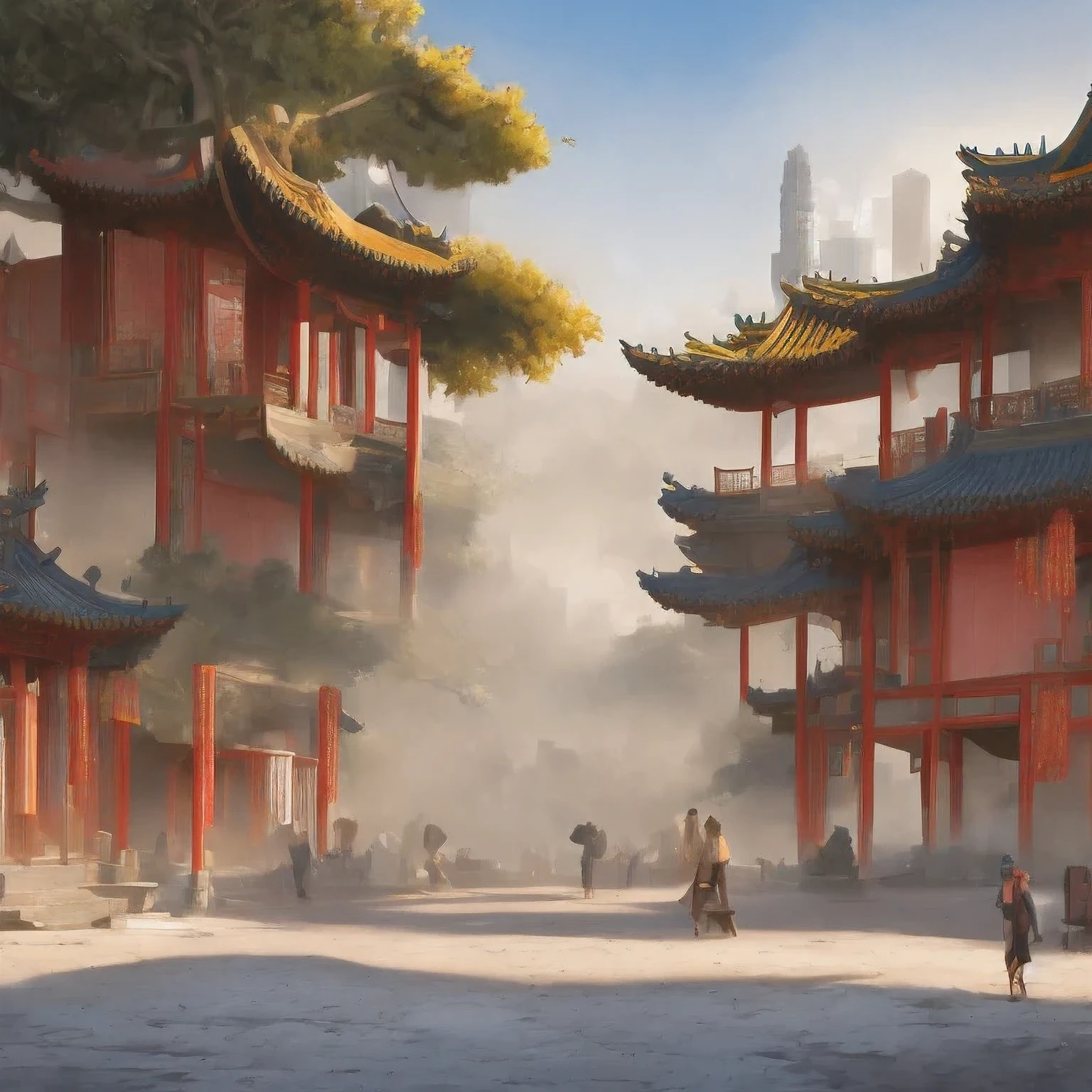 (((watercolor))))landscape,buildings in a city with a pagoda in the middle of the city, cyberpunk chinese ancient castle, watercolor,stylized urban fantasy artwork, dreamy chinese town, concept art , highly rendered, game art matte painting, matte painting 4k 8k, cinematic. by leng jun, in a tropical and dystopic city, 8k matte painting, 8 k matte painting,(((watercolor)))