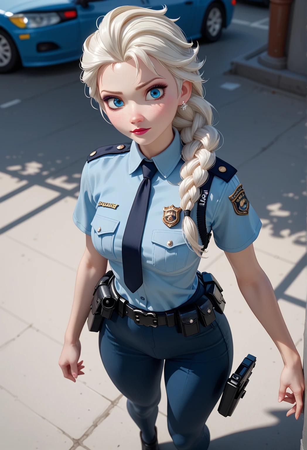 score_9, score_8_up,score_7_up,1girl,elsa \(frozen\), blush, <lora:Korean_mix_style:0.8>,brown hair, upper body,realistic,photo realistic,blonde hair, police uniform,