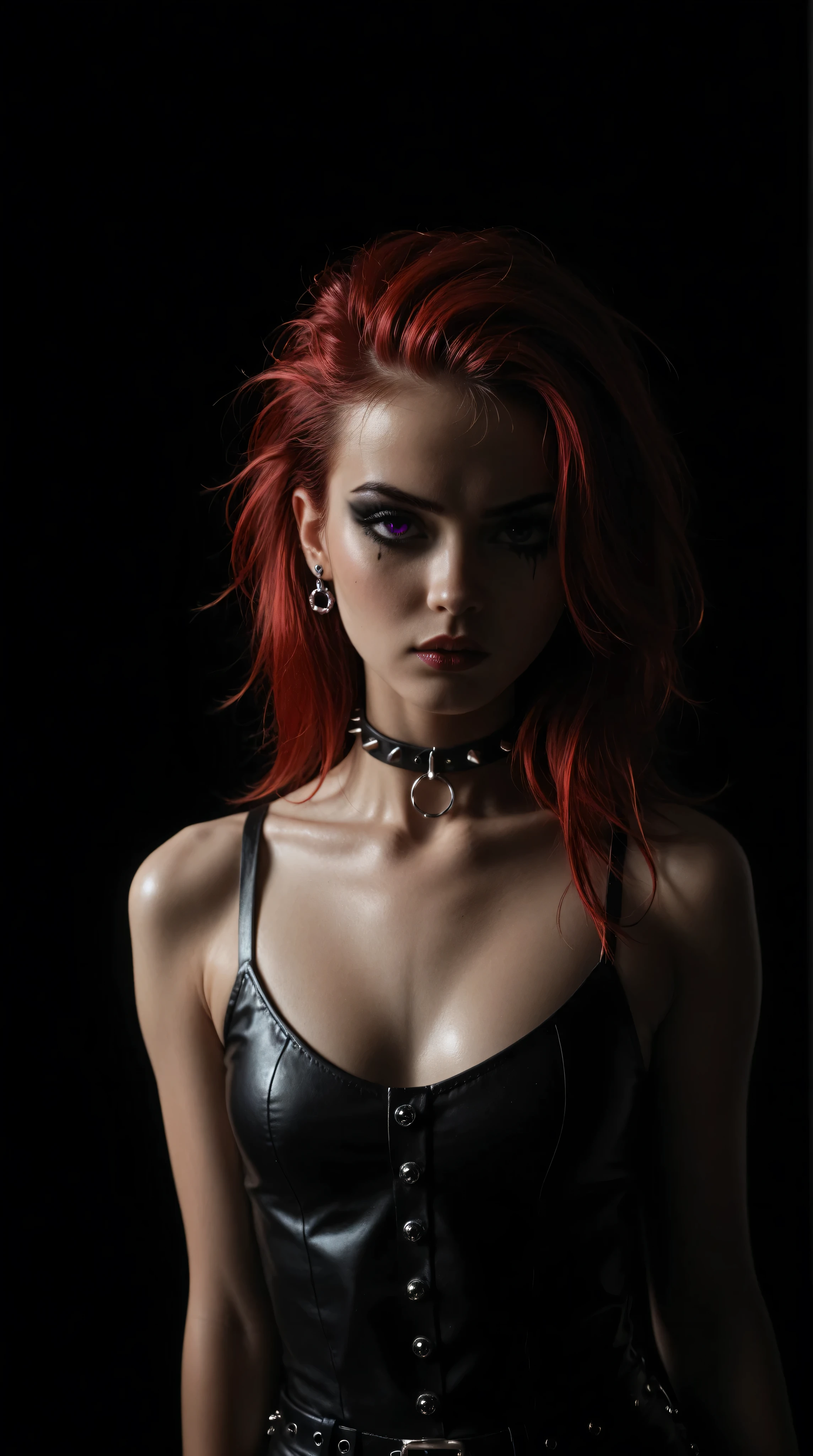 RAW photo of young Greek woman, color photograph, full body ength picture, close up portrait, ((a realistic photo of a beautiful young 18yo girl)), shadows, ((silver wing eyeliner)), (dark lipstick), ((pale iridescent skin)), dark eyes, topless, leaning towards viewer, looking at viewer, sensual, erotic pose, smirk, shy, expressive hair, (dark hair), perfect facial features, perfect realistic skin, high quality, very detailed face, night, small breasts, futuristic model, erotic