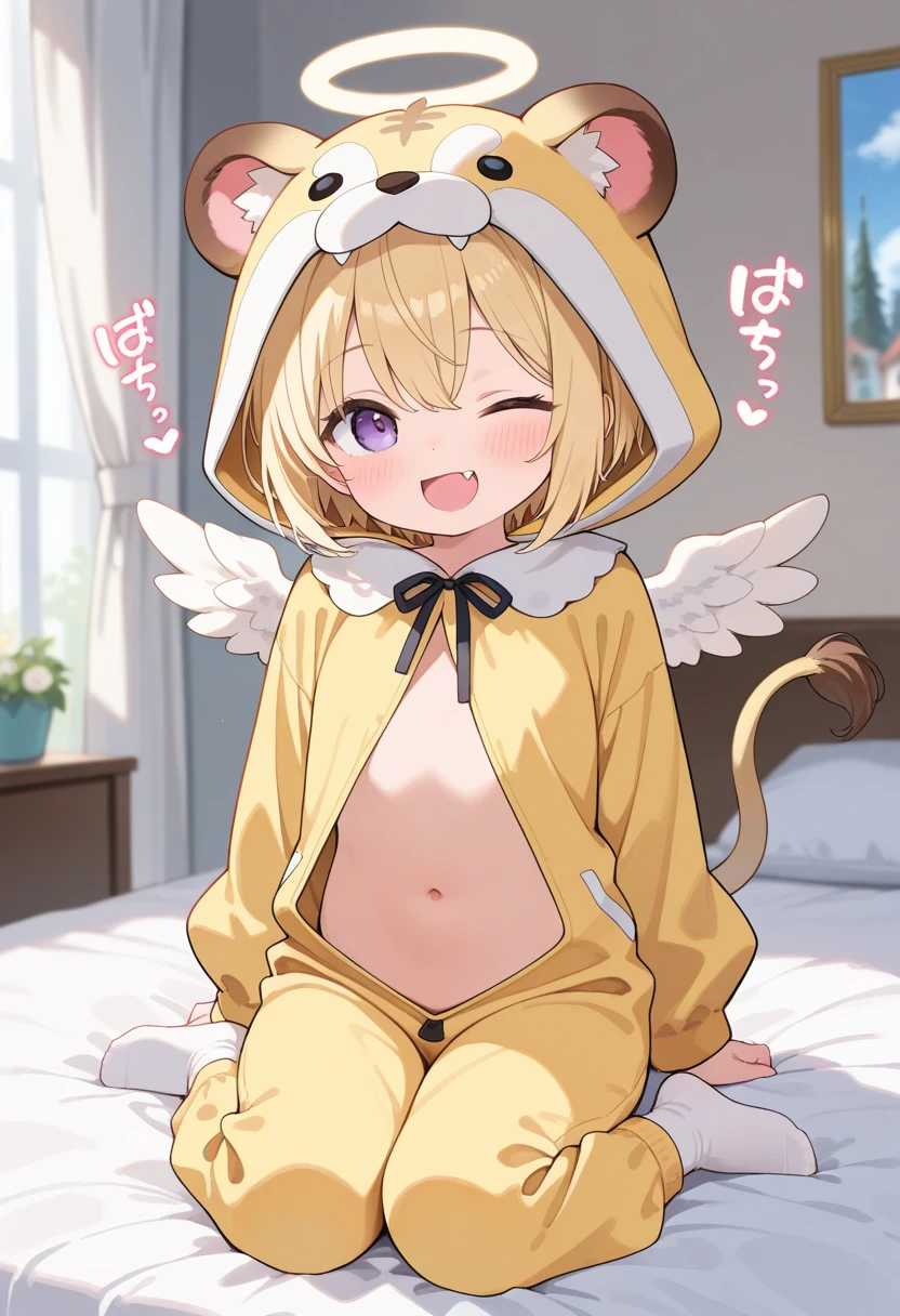 Furry cat，Yellow fur，Loli body，Orange eyes，Yellow hair，In the daytime，Glowing hair，Wear wet white panties,The whole body is stained with your white liquid，The underwear is stained with slimy liquid，The liquid flowed onto the bed without underwear,A shy look,Lie down in bed,Open your little mouth, ,Full body like,Top view,What an looks like,Bed linen is wet