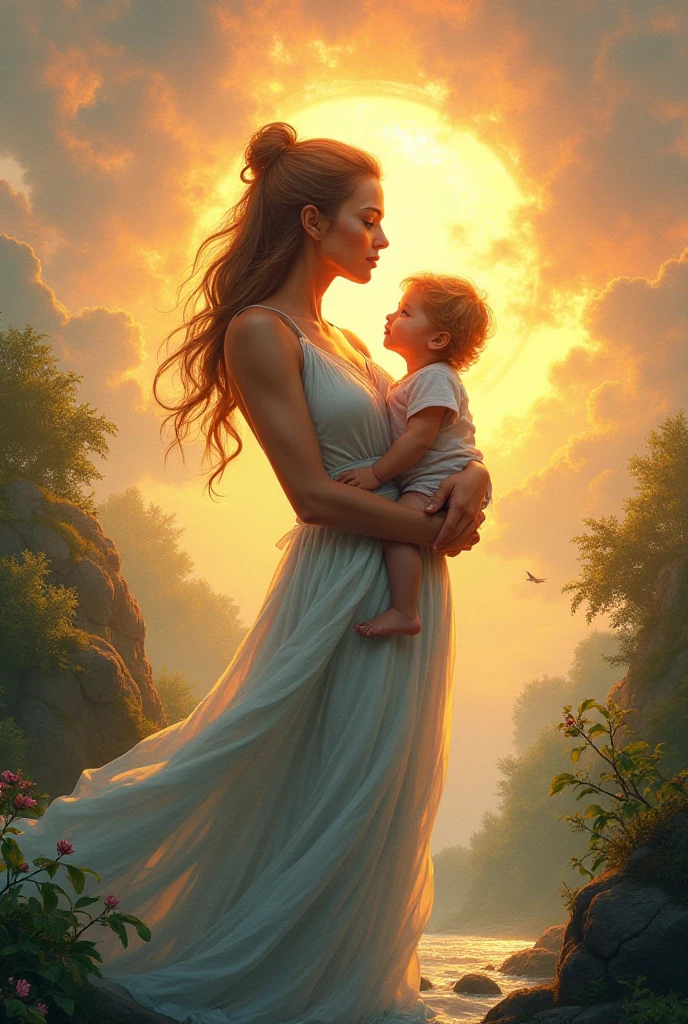 In a clear blue sky with fluffy clouds, a man and a woman are lying side by side on a soft cloud, looking in awe at Planet Earth below, which resembles a lush green garden like a fairy tale. Above them, a soft glowing light radiates, symbolizing God's blessing. The Earth, with its intense greens and blue oceans, seems like a paradise, and the couple exudes an aura of happiness and gratitude., style realista