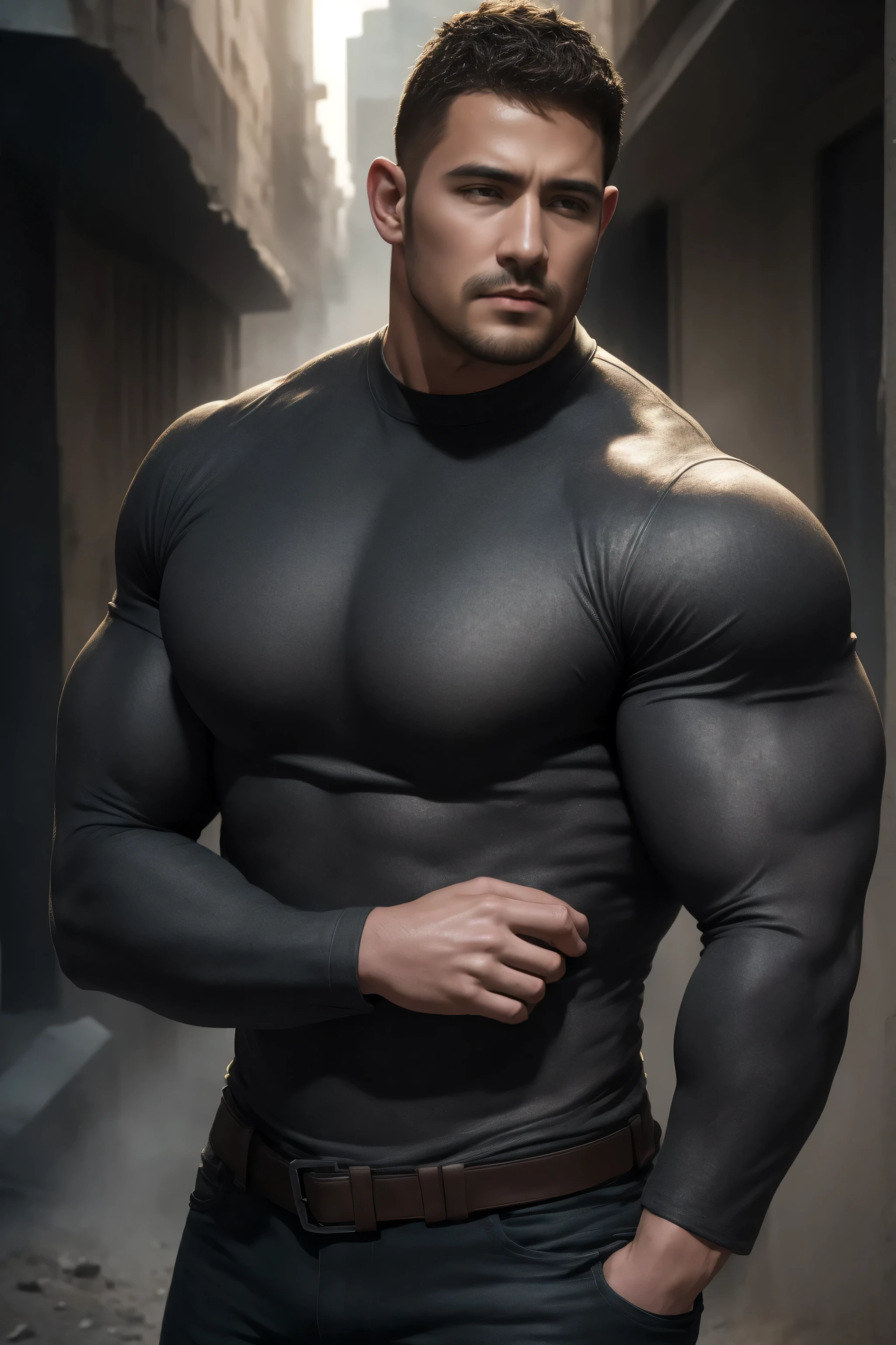 两个 Muscular男人深情拥抱着,   VERY STRONG ，Flat head，Ruins in an abandoned city in the open air, 他背靠着脏污的墙壁， wearing a high-neck gray denim textured long sleeve tight t-shirt , Dirty body ，He has a sad expression， Lift your chin,  messy hair,   thick thighs  , High Aims Neck Long Sleeve Gray Brown Superhero Bodysuit, Very tight, Regular symmetrical pattern, High Aimslight muscles, 警服裤,  character concept （Resident Evil -  Chris Redfield ,  Chris Redfield ） proud expression,  Deep charming eyes, Heroic male pose, tall Burly,  Muscular！ Muscular thighs, Tough Guy, Perfect facial features, High Aims, Burly, Heqiang, Super exquisite and cool, High Aims Resolution Committee, Extraordinary Charm , The sun is strong,  is dazzling