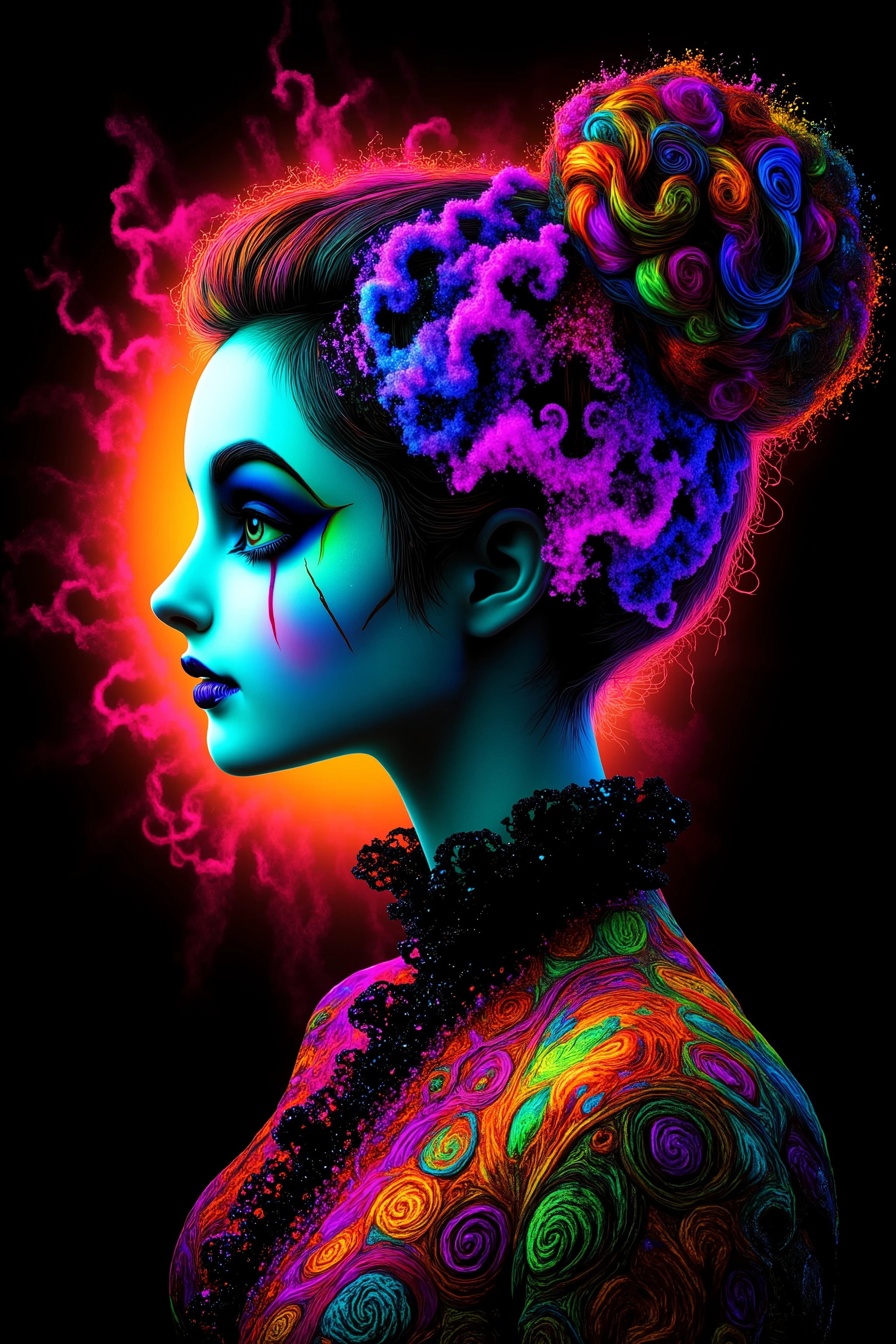Take this image and exaggerate the swirl lines around the girl, while infusing lots of vibrant neon bioluminescent colors in the swirls as well. Make the girl look more realistic and more attractive. Surrealism, asthetically incredible, light display, lit up around the girl. Photorealistic, ultra realistic, cinematography, ultra detailed. Triple Bun, Braided Bun, Very Long Hair, Motion Lines, Sparkle, Emphasis Lines, Motion Blur, Speed Lines, Film Grain, Scanlines, Optical Illusion, Cinematic Lighting, Ray Tracing, Glowing Light, Reflection Light, God Rays, Action Painting, Icon Style, Realism, Tumbledown, Portrait Photography, Fujicolor, Hair Ribbon, Anchor Choker, Super Detailed, Best Quality, Action Painting, Masterpiece, From Below, Parted Lips, neon, lit up colored swirls, against a flat coal black background. Girl and swirls light up like bioluminescence.