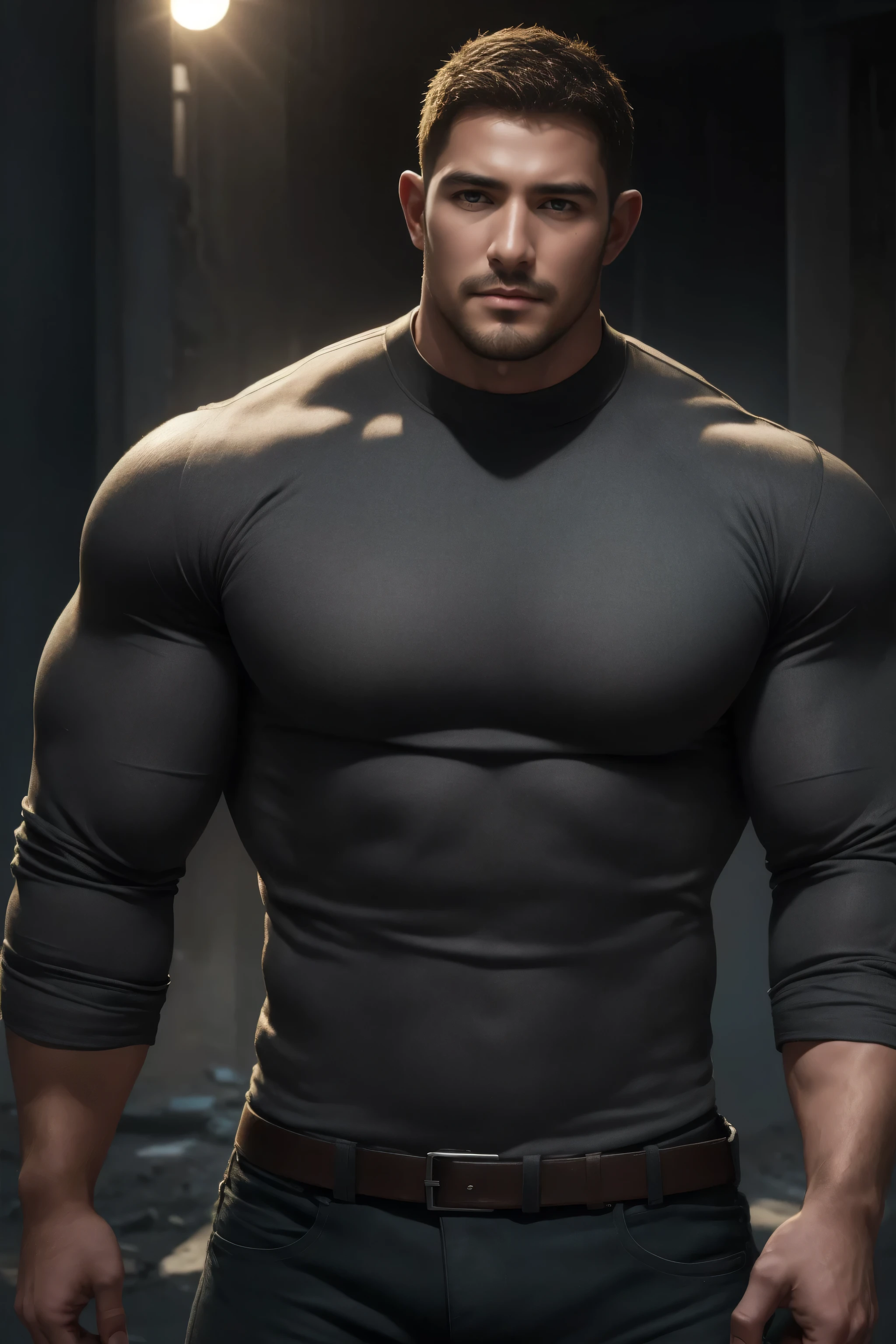 两个 Muscular男人深情拥抱着, VERY STRONG ,Flat head,Ruins in an abandoned city in the open air, 他背靠着脏污的墙壁, wearing a high-neck gray denim textured long sleeve tight t-shirt , Dirty body ,He has a sad expression, Lift your chin, messy hair, thick thighs , High Aims Neck Long Sleeve Gray Brown Superhero Bodysuit, Very tight, Regular symmetrical pattern, High Aimslight muscles, 警服裤, character concept (Resident Evil - Chris Redfield , Chris Redfield ) proud expression, Deep charming eyes, Heroic male pose, tall Burly, Muscular! Muscular thighs, Tough Guy, Perfect facial features, High Aims, Burly, Heqiang, Super exquisite and cool, High Aims Resolution Committee, Extraordinary Charm , The sun is strong, is dazzling