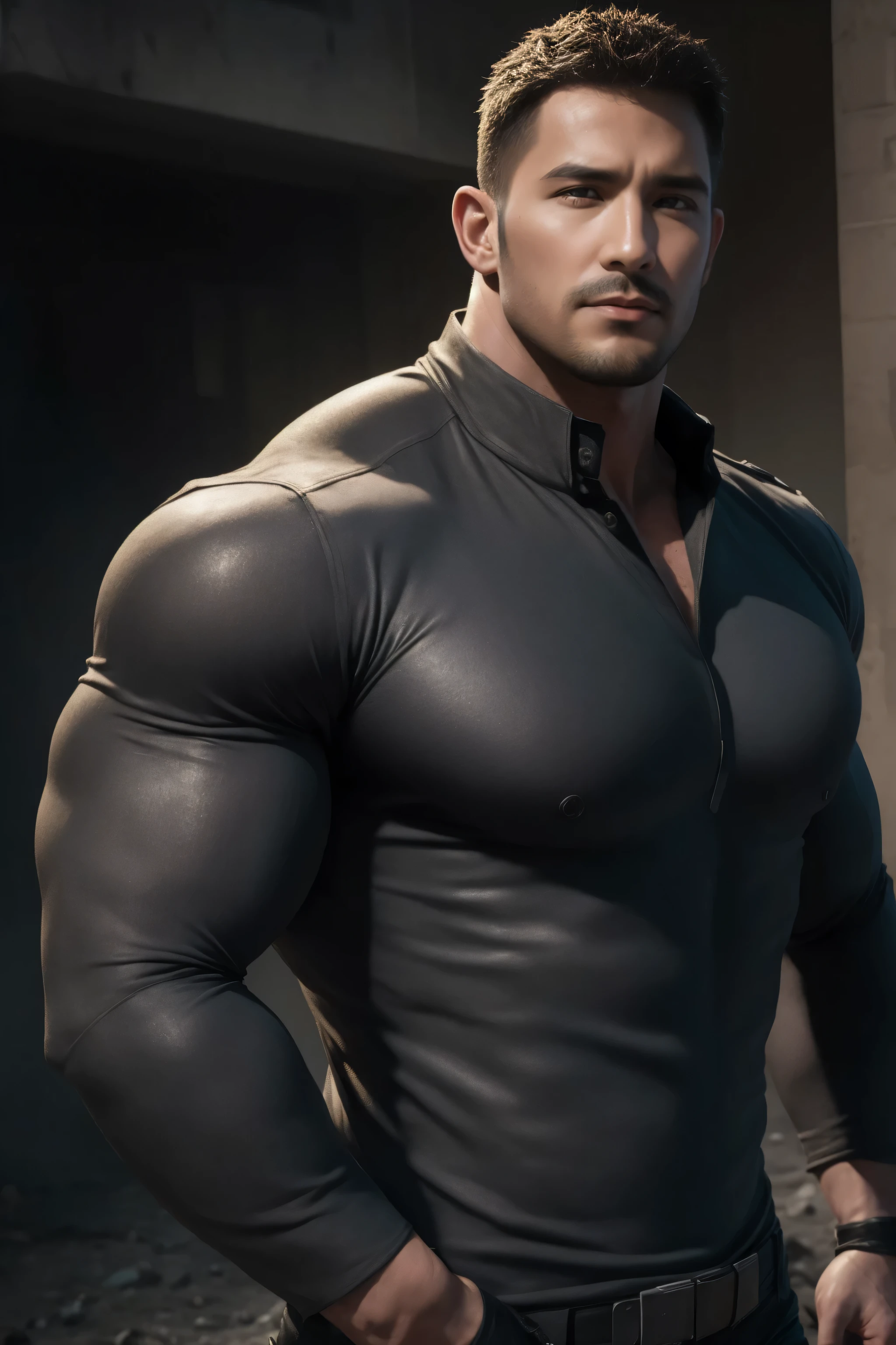 两个 Muscular男人深情拥抱着, VERY STRONG ,Flat head,Ruins in an abandoned city in the open air, 他背靠着脏污的墙壁, wearing a high-neck gray denim textured long sleeve tight t-shirt , Dirty body ,He has a sad expression, Lift your chin, messy hair, thick thighs , High Aims Neck Long Sleeve Gray Brown Superhero Bodysuit, Very tight, Regular symmetrical pattern, High Aimslight muscles, 警服裤, character concept (Resident Evil - Chris Redfield , Chris Redfield ) proud expression, Deep charming eyes, Heroic male pose, tall Burly, Muscular! Muscular thighs, Tough Guy, Perfect facial features, High Aims, Burly, Heqiang, Super exquisite and cool, High Aims Resolution Committee, Extraordinary Charm , The sun is strong, is dazzling
