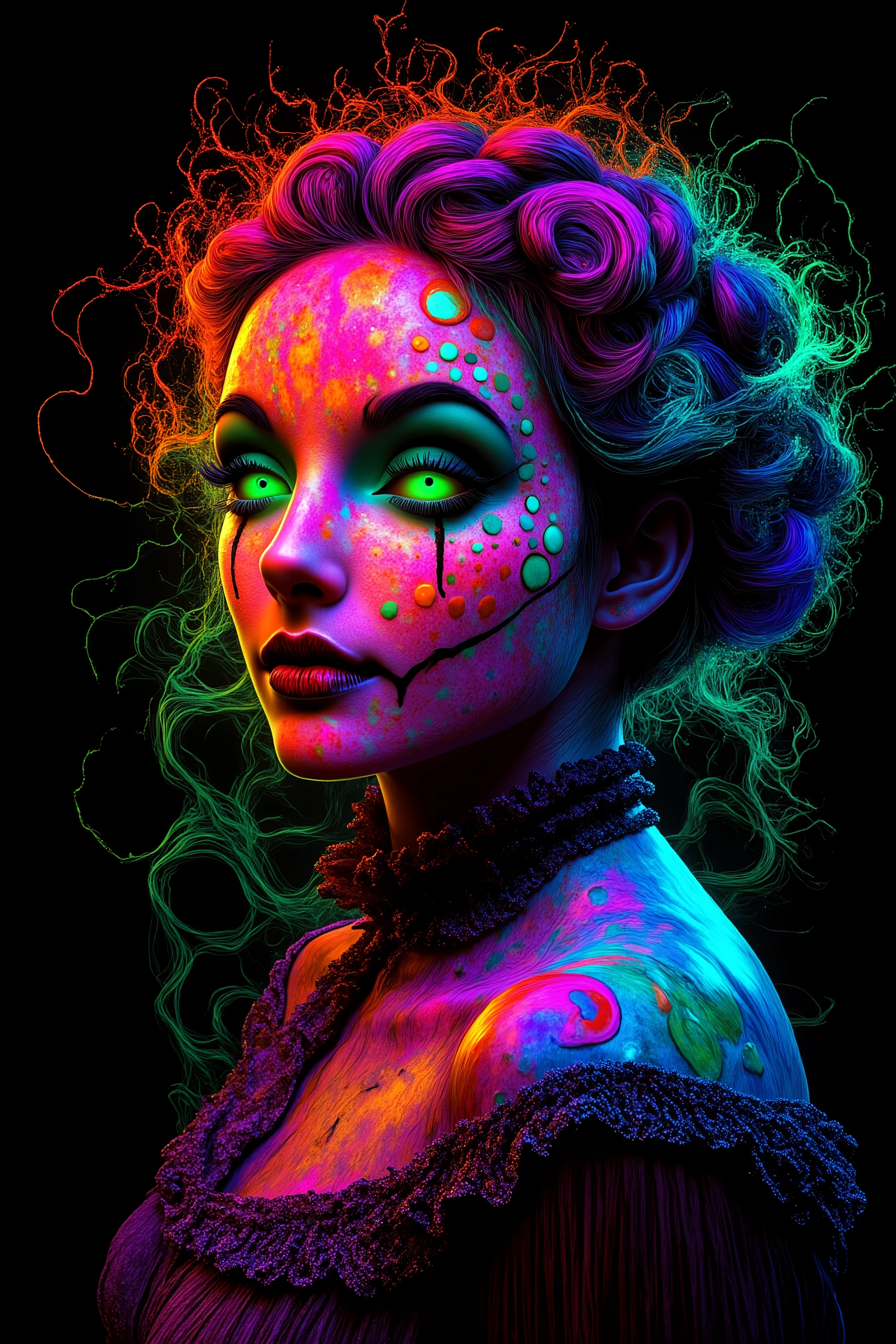 Take this image and exaggerate the swirl lines around the girl, while infusing lots of  vibrant neon bioluminescent colors in the swirls as well. Make the girl look more realistic and more attractive. Surrealism, asthetically incredible, light display, lit up around the girl. Photorealistic, ultra realistic, cinematography, ultra detailed. Triple Bun, Braided Bun, Very Long Hair, Motion Lines, Sparkle, Emphasis Lines, Motion Blur, Speed Lines, Film Grain, Scanlines, Optical Illusion, Cinematic Lighting, Ray Tracing, Glowing Light, Reflection Light, God Rays, Action Painting, Icon Style, Realism, Tumbledown, Portrait Photography, Fujicolor, Hair Ribbon, Anchor Choker, Super Detailed, Best Quality, Action Painting, Masterpiece, From Below, Parted Lips, neon, lit up colored swirls, against a flat coal black background. Girl and swirls light up like bioluminescence. 