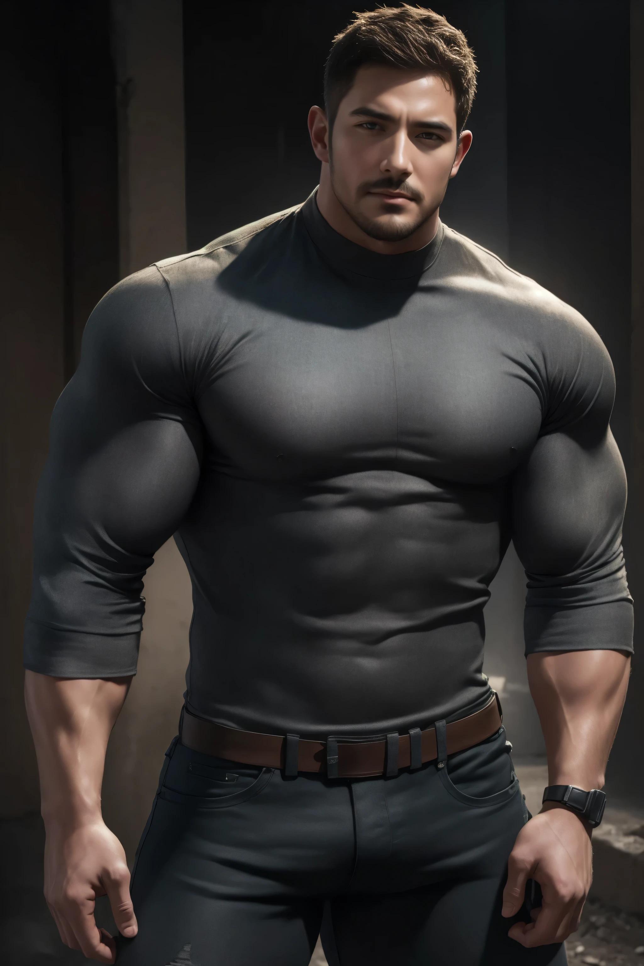 两个 Muscular男人深情拥抱着, VERY STRONG ,Flat head,Ruins in an abandoned city in the open air, 他背靠着脏污的墙壁,Wear a high-neck camouflage grey denim textured long sleeve tight t-shirt, Dirty body ,He has a sad expression, Lift your chin, messy hair, thick thighs , High Aims Neck Long Sleeve Gray Brown Superhero Bodysuit, Very tight, Regular symmetrical pattern, High Aimslight muscles, 警服裤, character concept (Resident Evil - Chris Redfield , Chris Redfield ) proud expression, Deep charming eyes, Heroic male pose, tall Burly, Muscular! Muscular thighs, Tough Guy, Perfect facial features, High Aims, Burly, Heqiang, Super exquisite and cool, High Aims Resolution Committee, Extraordinary Charm , The sun is strong, is dazzling