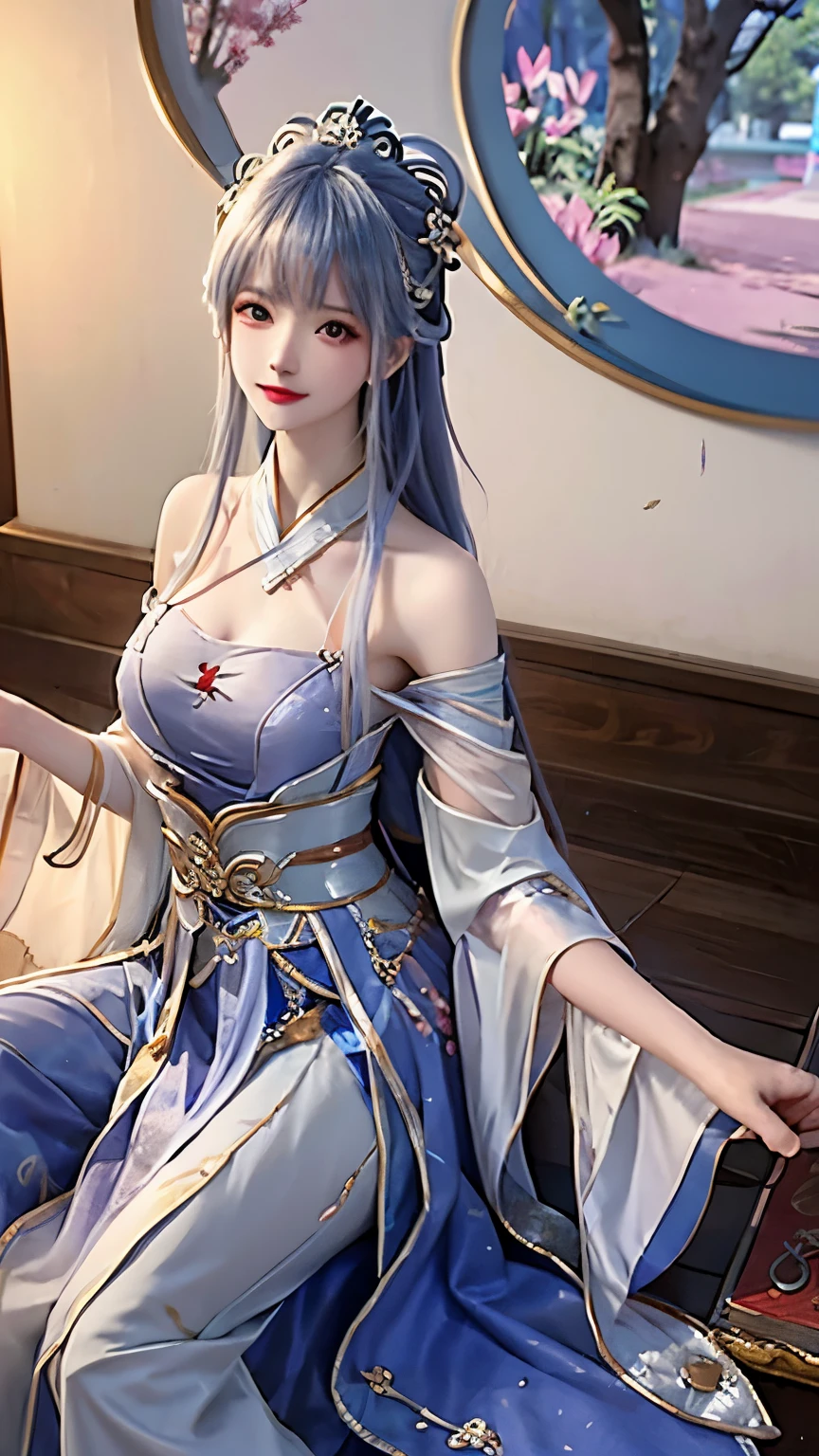 “A long silver-haired woman’s close-up portrait, wearing a soft blue dress ancient chinese hanfu like a goddess that frames her body, sitting on clear water with flying cherry petals, realistic details on skin and fabric, dramatic lighting, background of cherry trees, quiet and charming atmosphere, ultra-detailed, 8k resolution.”Unreal Engine, change clothes into bluish white goddess hanfu