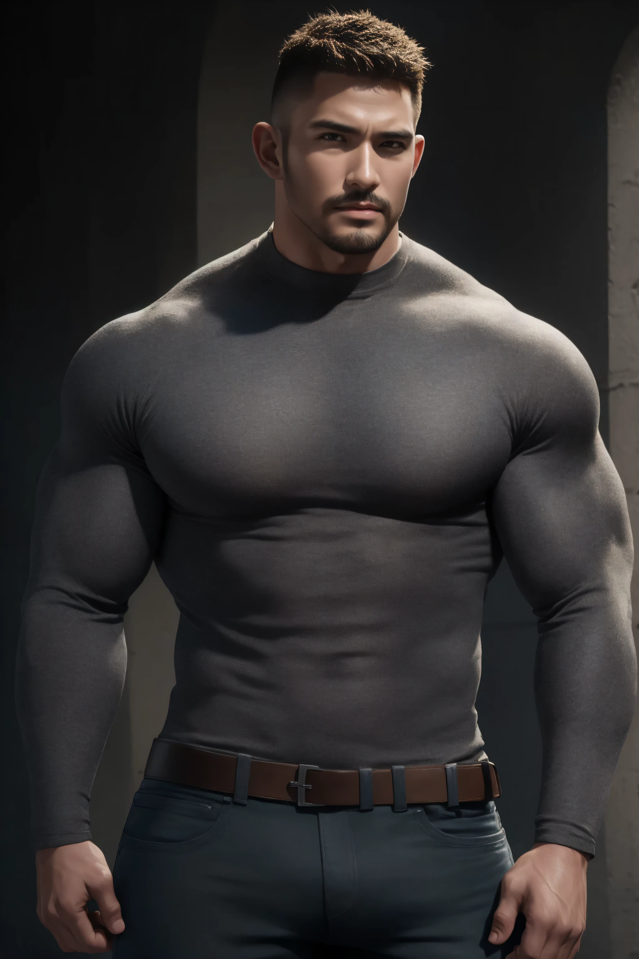 两个 Muscular男人深情拥抱着, VERY STRONG ,buzz cut,Flat head,Ruins in an abandoned city in the open air, 他背靠着脏污的墙壁, wearing a high-neck gray denim textured long sleeve tight t-shirt , Dirty body ,He has a sad expression, Lift your chin, messy hair, thick thighs , High Aims Neck Long Sleeve Gray Brown Superhero Bodysuit, Very tight, Regular symmetrical pattern, High Aimslight muscles, 警服裤, character concept (buzz cut Chris Redfield) proud expression, Deep charming eyes, Heroic male pose, tall Burly, Muscular! Muscular thighs, Tough Guy, Perfect facial features, High Aims, Burly, Heqiang, Super exquisite and cool, High Aims Resolution Committee, Extraordinary Charm , The sun is strong, is dazzling