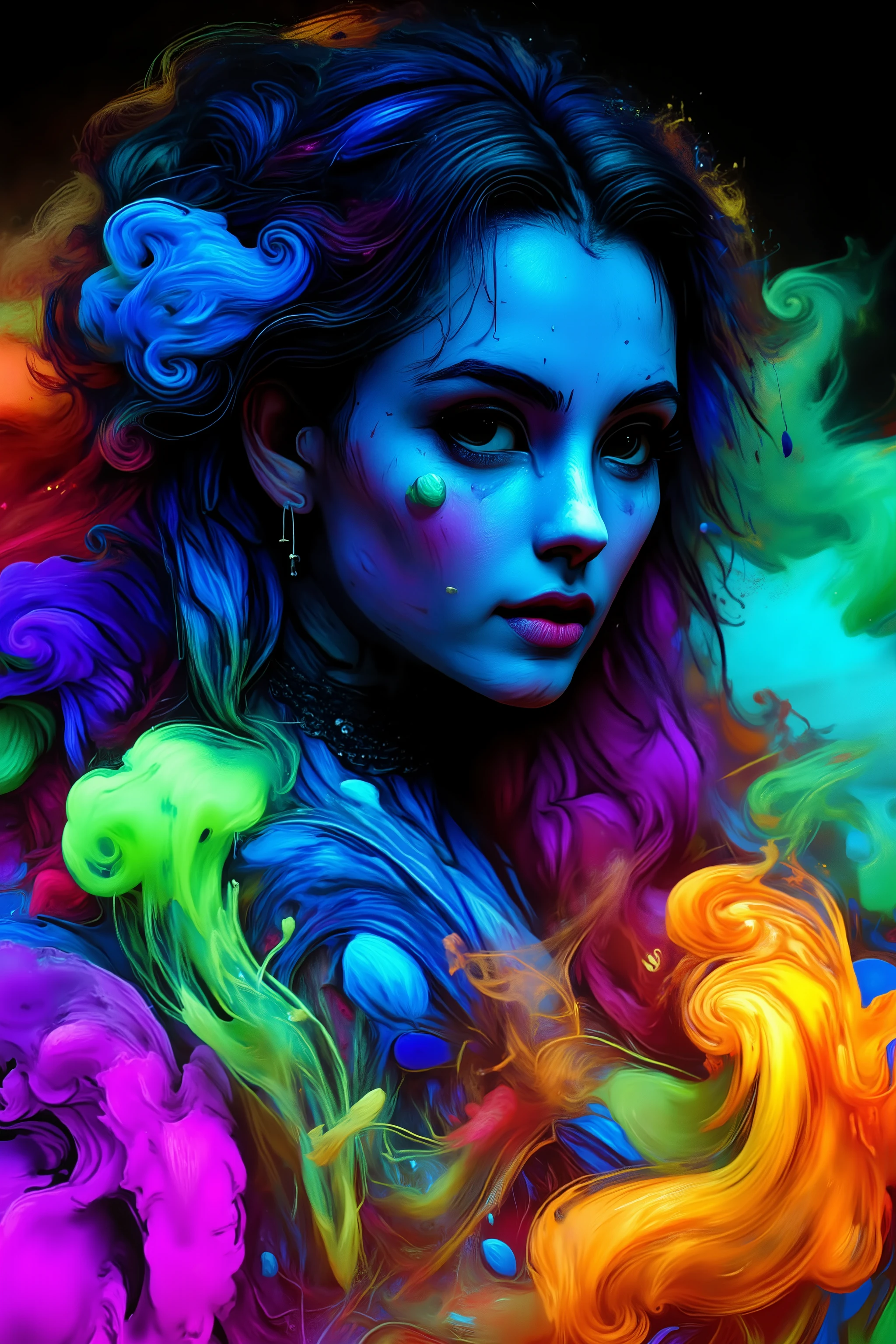 Take this image and exaggerate the swirl lines around the girl, while infusing lots of vibrant neon bioluminescent colors in the swirls as well. Make her mermaid gown highly reflective so all the light hits it, and reverberates into the colored swirls around her. Make the girl look more realistic and more attractive. Surrealism, asthetically incredible, light display, lit up around the girl. Photorealistic, ultra realistic, cinematography, ultra detailed. Triple Bun, Braided Bun, Very Long Hair, Motion Lines, Sparkle, Emphasis Lines, Motion Blur, Speed Lines, Film Grain, Scanlines, Optical Illusion, Cinematic Lighting, Ray Tracing, Glowing Light, Reflection Light, God Rays, Action Painting, Icon Style, Realism, Tumbledown, Portrait Photography, Fujicolor, Hair Ribbon, black lace Choker, Super Detailed, Best Quality, Action Painting, Masterpiece, From Below, Parted Lips, neon, lit up colored swirls, against a flat coal black background. Girl and swirls light up like bioluminescence. 