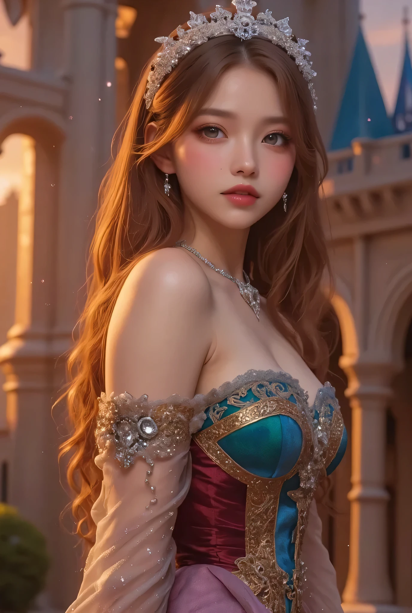 lors, deep contrast, super real, pink lipstick, lovely atmosphere, cinematic composition, close-up of face. She is wearing a breathtakingly opulent princess dress with flowing, multi-layered fabrics in a mesmerizing blend of royal blue, deep crimson, emerald green, and shimmering violet, creating a dazzling gradient effect. The dress is adorned with intricate golden and silver embroidery, forming delicate floral and celestial patterns, intertwined with radiant, sparkling gems in shades of sapphire, ruby, emerald, and amethyst. The off-shoulder design is enhanced with sheer, shimmering fabrics that drape elegantly, catching the light like woven stardust. Her bodice is encrusted with fine jewel embellishments, and a beautifully detailed silver and gold belt cinches her waist, adding to the regal elegance. She also wears a dazzling gemstone necklace, a delicate tiara of intertwined silver and gold adorned with pearls and precious stones, and an exquisite matching bracelet.

She stands gracefully in front of a magnificent castle with towering spires, intricate stonework, and glowing stained-glass windows that cast a kaleidoscope of colors onto the grand courtyard. The castle is bathed in the golden light of a setting sun, with the sky painted in warm hues of orange, pink, and purple. Ethereal sparkles fill the air, adding a magical glow to the scene. Her expression is serene, confident, and regal, exuding the grace and charm of a true fairy-tale princess in a fantastical, enchanted world.