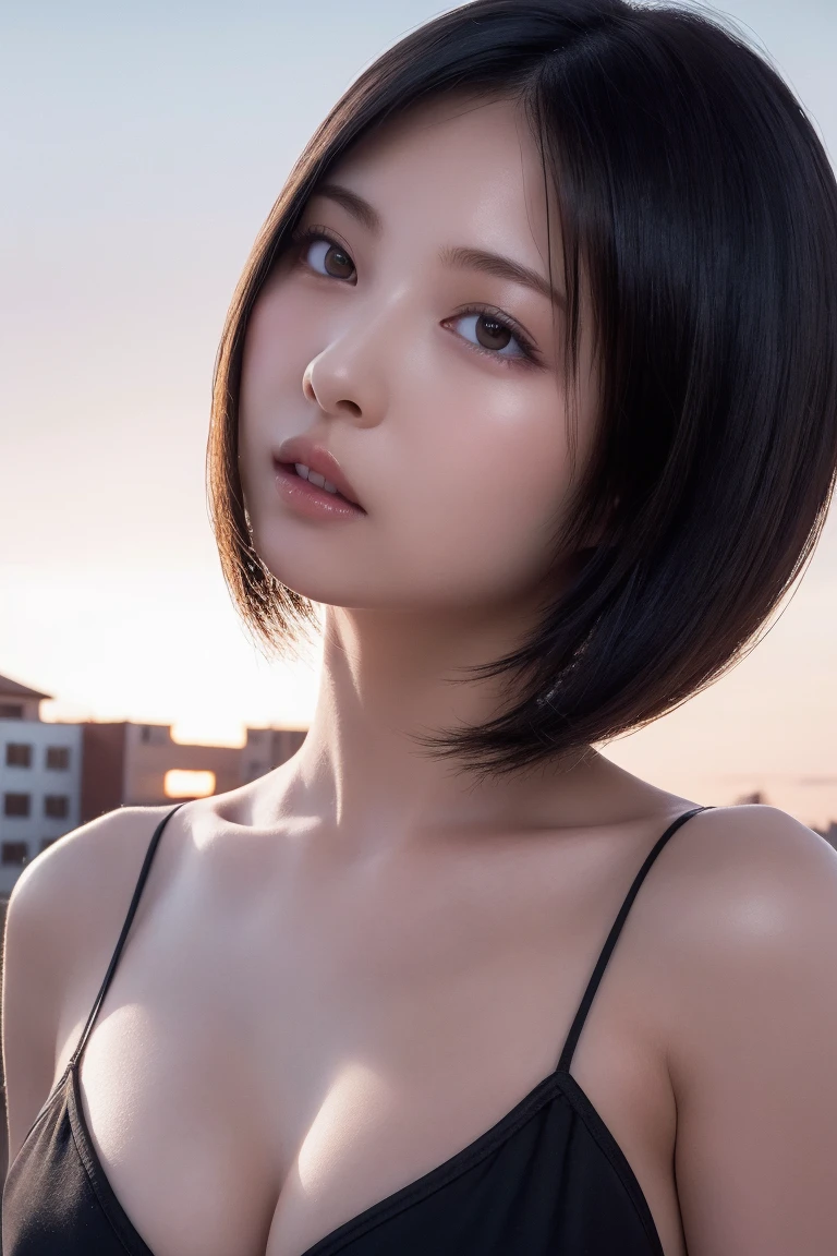 1girl in, 22year old, gradient, up looking_で_viewer, Black_hair, Solo by JM, Yoshiko Akishino, Shorthair
