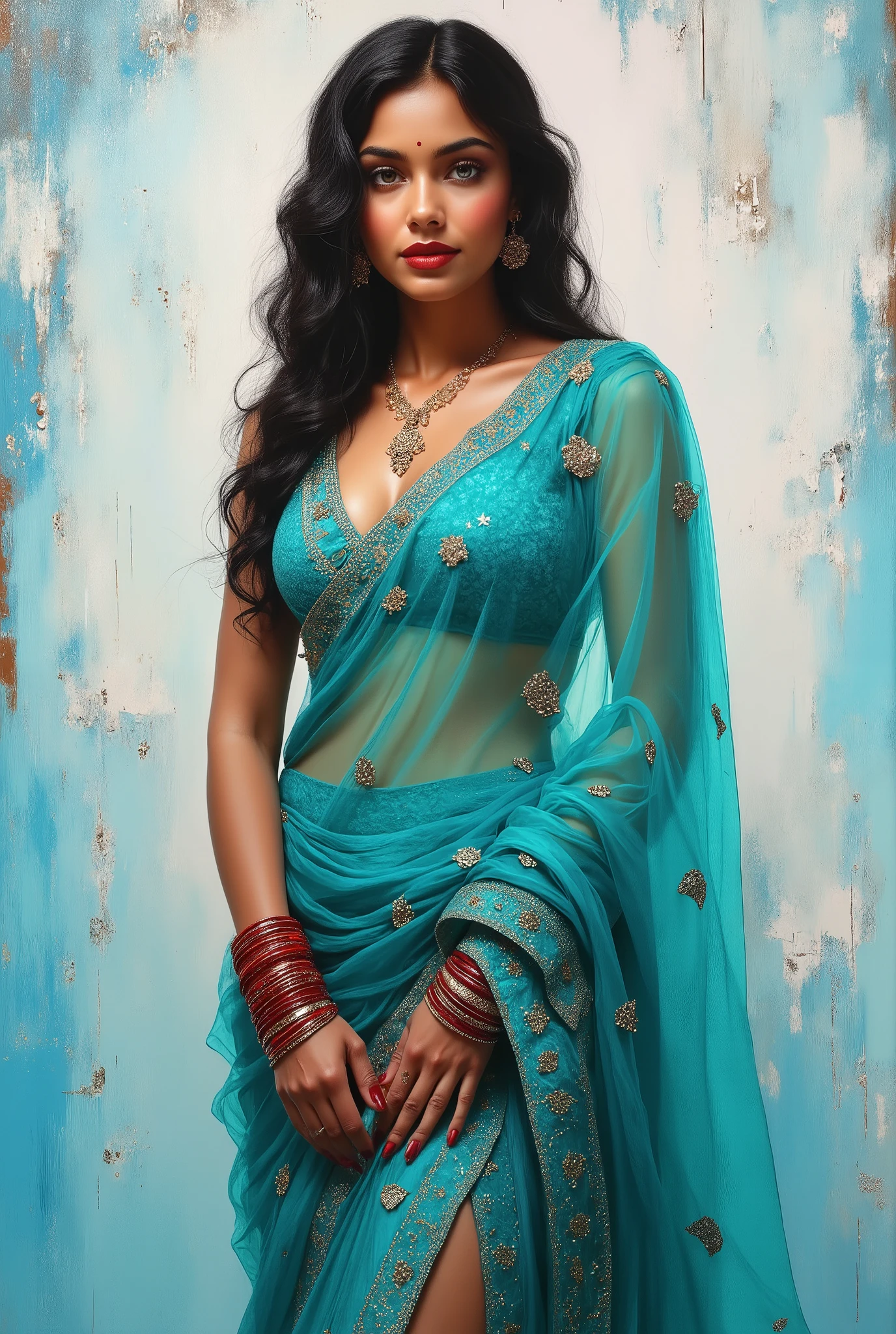 Mosaic painting Turquoise to white color gradient background, oil painting with visible impressionistic strokes of ((best quality)), ((masterpiece)), (detailed), (beautiful realistic model), front desk office receptionist , Full body potrait,Standing pose,Wearing Turquoise color transparent saree,dark red lipstick on lucious lips,big larrge breast with deep cleavage, plenty red bangles in both hands, showing navel and sexy midriff, Showing dark hairy armpits, voluptuous figure,perfect realistic face, sexy highly detailed face, blue eyes, Indian woman with features, (slim:1.7), (ultra sexy bimbo body:1.5),