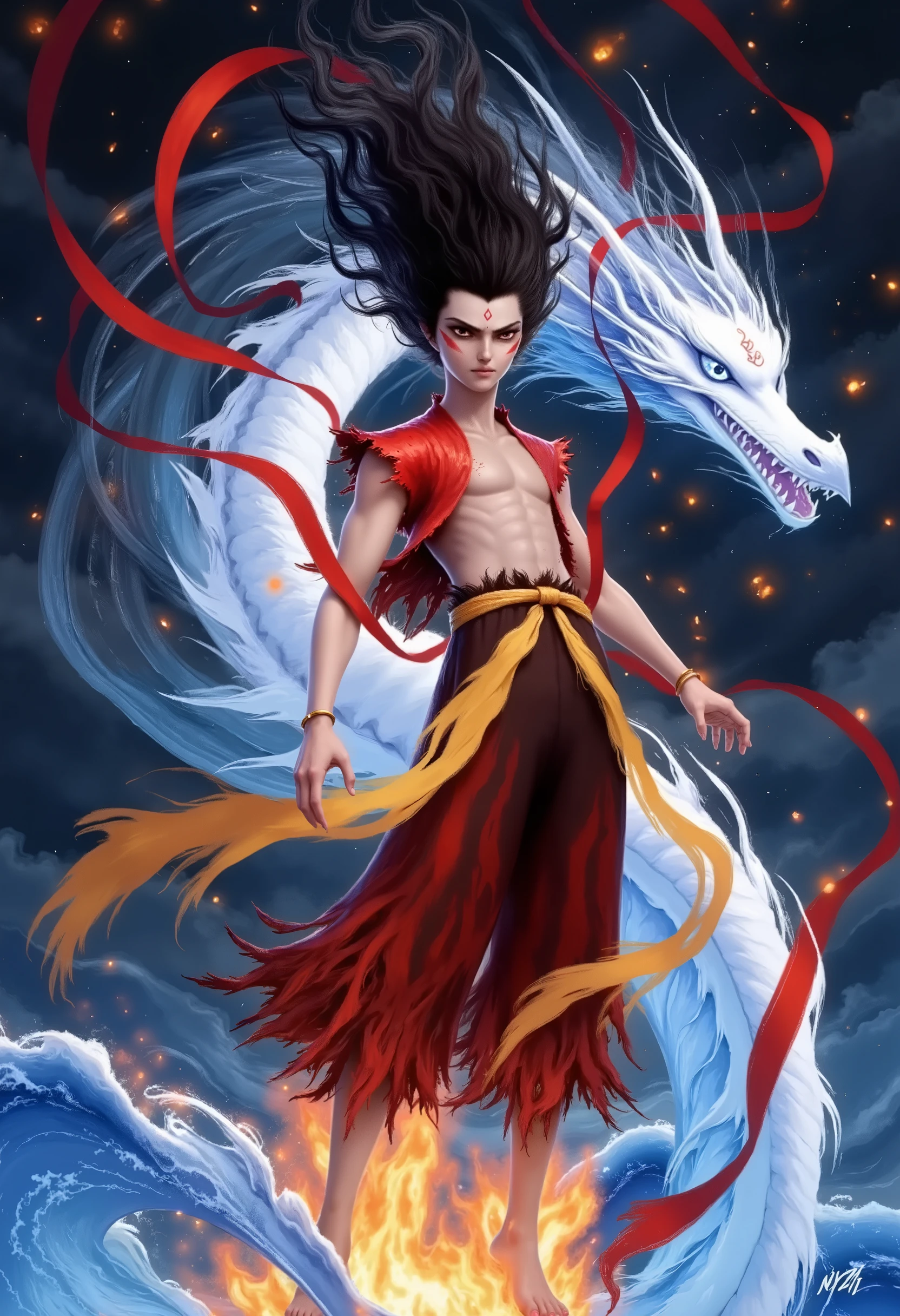 Nezha,This is a vibrant digital artwork depicting an ethereal, dynamic scene. The central figure is a young woman with long, flowing black hair that appears to be caught in the wind. She has an athletic build and wears a red and yellow, flowing, traditional Asian-style dress that is adorned with intricate patterns. The dress has a mix of red, yellow, and gold hues, with red ribbons streaming behind her, adding to the sense of movement. She is barefoot, and her expression is intense, with her eyes closed as if in a trance or deep concentration.

Behind her, a majestic white dragon with sharp, angular features and blue scales is coiled around her, adding a sense of protection and power. The dragon's eyes are piercing, and its mouth is open, revealing sharp teeth. The dragon's body blends seamlessly with the background, which is a dark, swirling mix of blues and blacks, giving the impression of water or a night sky.

The overall composition is dynamic, with the woman and dragon seemingly in mid-action, surrounded by swirling, ethereal elements that enhance the mystical and otherworldly atmosphere of the scene. The artwork is rich in detail and color, utilizing a digital medium to create a vivid, fantastical image.