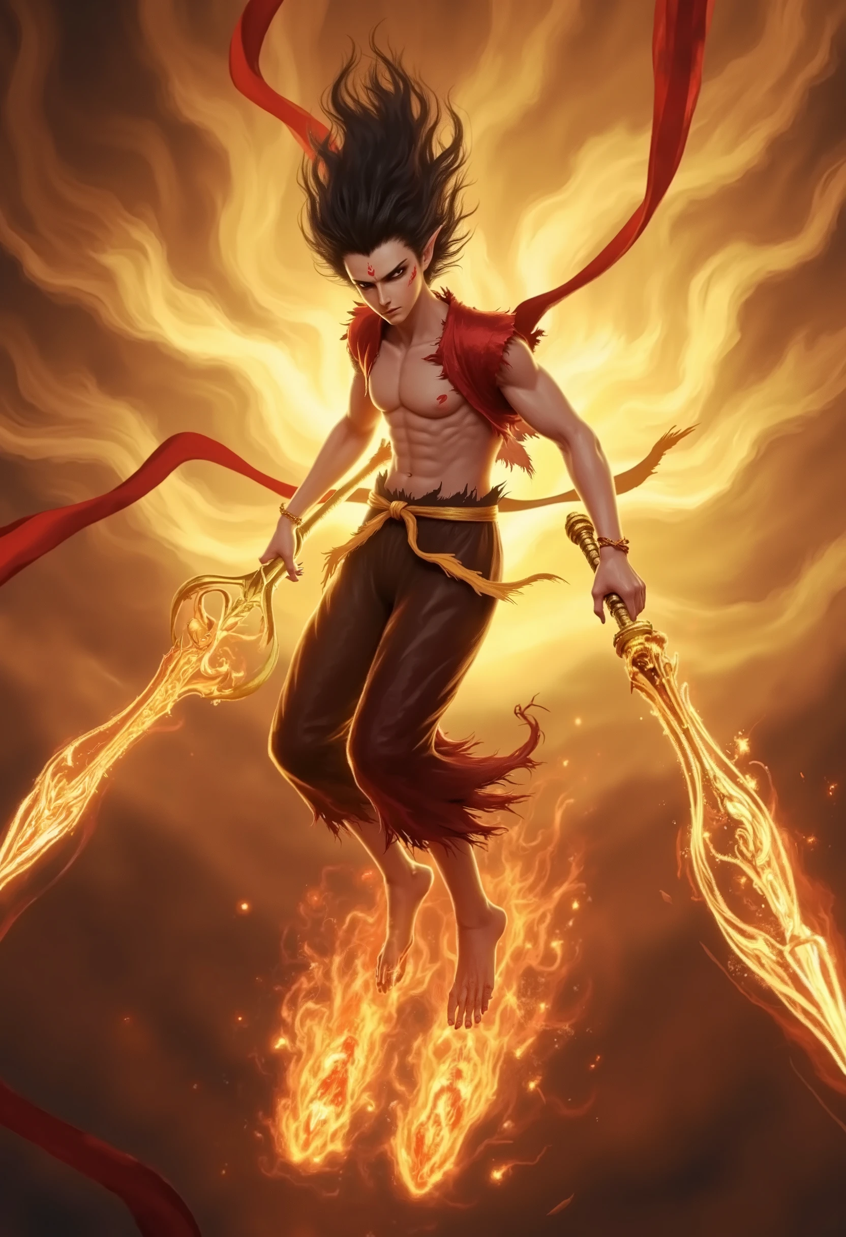 Nezha,This is a highly detailed digital CGI artwork featuring a dynamic and mystical scene. The central figure is a young, male warrior with a slender, muscular build and an intense expression. His skin is pale, and he has pointed ears, indicating a fantastical or mythical background. He is depicted mid-flight, with his arms outstretched and a long, glowing sword in each hand. The swords emit a fiery aura, casting a warm glow around him, and the blades are adorned with intricate, swirling designs.
He is dressed in a tattered, flowing outfit that appears to be made of a dark fabric with golden accents. His hair is long and wild, flowing backward as if in a strong wind, and his eyes are narrowed with focus. Surrounding him are large, swirling clouds of fire and smoke, creating a dramatic and chaotic background. The colors in the image are predominantly warm, with shades of orange, yellow, and red dominating, enhancing the sense of urgency and intensity.
The overall style of the artwork is highly realistic, with a focus on intricate detail and dynamic motion, giving it a cinematic feel. The image evokes a sense of adventure, danger, and otherworldly magic.