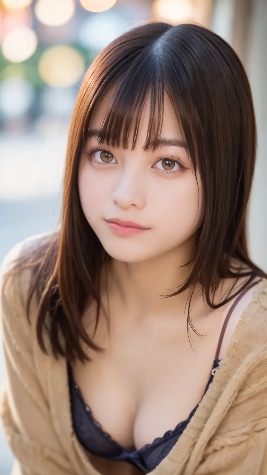 woman , beautiful face,smile、(lean forward lean forward  :1.3),  lace bra, Oversized Sweater  ,  woman用オフショルダートップ,(valley:1.2),(  saggy chest :1.1)、 super real , Hi-Res  ,  top quality,8k, Masterpiece, front view、Natural skin