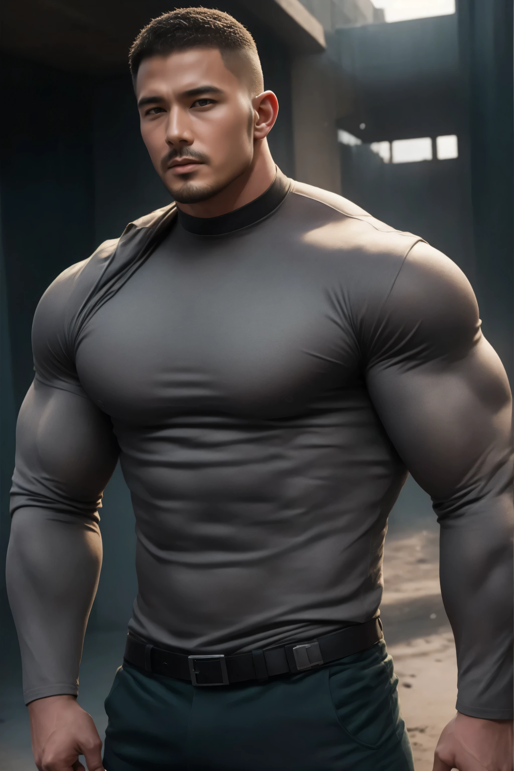 两个 Muscular男人深情拥抱着, VERY STRONG ,buzz cut,Flat head,Ruins in an abandoned city in the open air, 他背靠着脏污的墙壁,Wear a high-neck, long-sleeved, tight-fitting t-shirt in grey modal fabric, Perfectly wraps muscles,No wrinkles,Dirty body ,He has a sad expression, Lift your chin, messy hair, thick thighs , High Aims Neck Long Sleeve Gray Brown Superhero Bodysuit, Very tight, Regular symmetrical pattern, High Aimslight muscles, 警服裤, character concept (buzz cut Chris Redfield) proud expression, Deep charming eyes, Heroic male pose, tall Burly, Muscular! Muscular thighs, Tough Guy, Perfect facial features, High Aims, Burly, Heqiang, Super exquisite and cool, High Aims Resolution Committee, Extraordinary Charm , The sun is strong, is dazzling