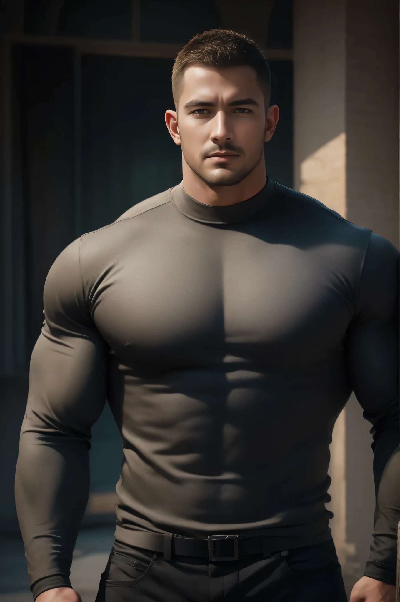 1个面露绝望的 Muscular男人, VERY STRONG ,buzz cut,Flat head,Ruins in an abandoned city in the open air, 他背靠着脏污的墙壁,Wear a high-neck, long-sleeved, tight-fitting t-shirt in grey modal fabric, Perfectly wraps muscles,No wrinkles,Dirty body ,He has a sad expression, Lift your chin, messy hair, thick thighs , High Aims Neck Long Sleeve Gray Brown Superhero Bodysuit, Very tight, Regular symmetrical pattern, High Aimslight muscles, 警服裤, character concept (buzz cut Chris Redfield) proud expression, Deep charming eyes, Heroic male pose, tall Burly, Muscular! Muscular thighs, Tough Guy, Perfect facial features, High Aims, Burly, Heqiang, Super exquisite and cool, High Aims Resolution Committee, Extraordinary Charm , The sun is strong, is dazzling