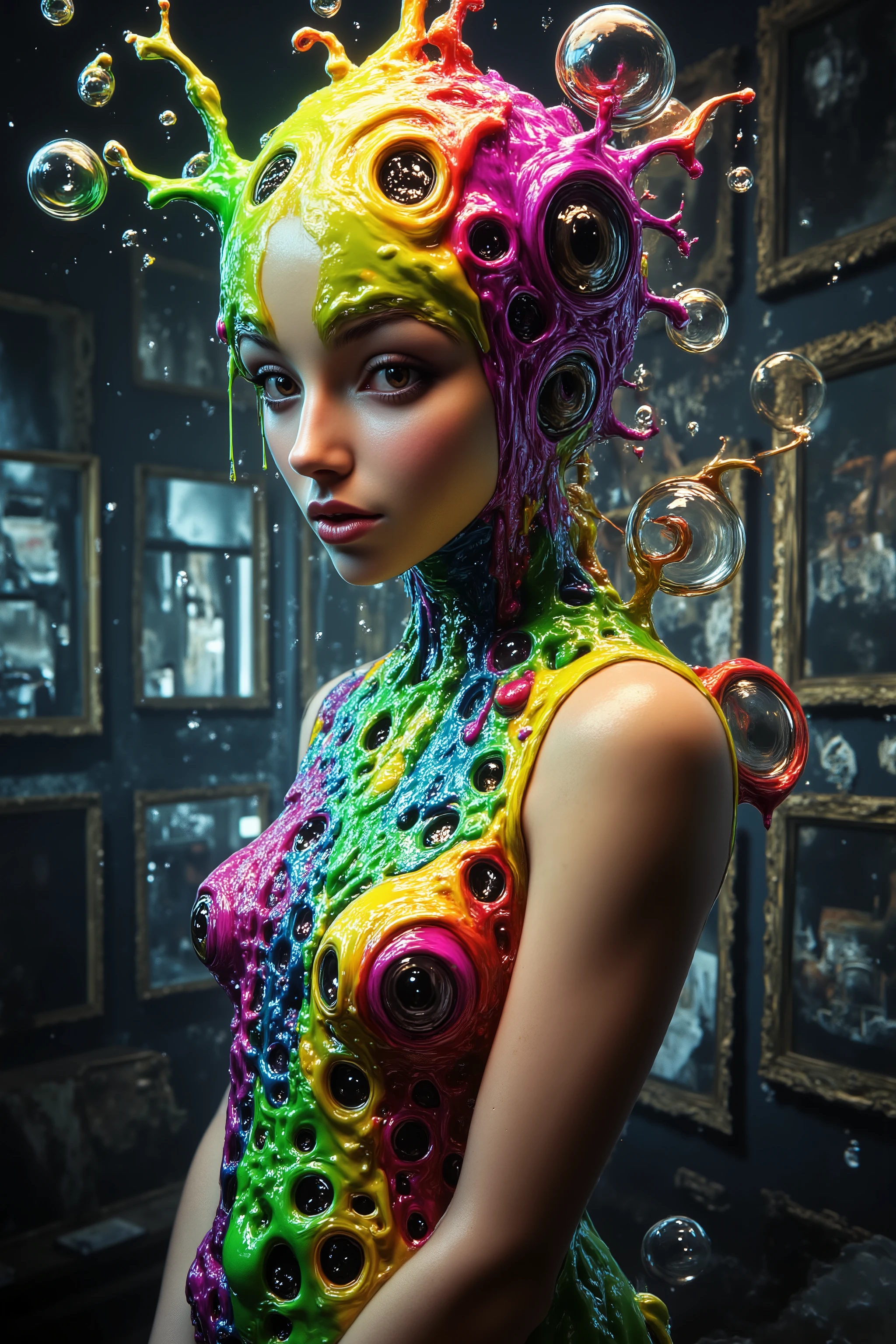 Extreme glow and shine reflect off glass orbs glass bubbles, in a room full of mirrors. Blonde young woman, very attractive, dress is glowing within. Around her reflective bubbles,and the mirrors reflect all the objects. Incorporate perfect symmetry and rotational symmetry. A psychedelic dream, vibrant colors shimmering, glass morphing from colors, intricate rainbow patterns twist in and out of objects while dripping into each other, perfectly formed symmetrical spheres and glowing reflective bubbles, extreme attention to detail on the bubbles and spheres, rainbows of color twist out of translucent orbs, spilled paint and spirals of swirling color in the background, beautiful psychedelic digital art, pixel art, neon colors, 4d mandelbulb psychedelics, glass-like psychedelic landscape, intricate rainbow environment, psychedelic underwater brightness, trails of color and light, bright fluorescent colors, psychedelic vibrant colors, bright psychedelic neon colors, colorful paint drips out of the bubbles, 3D glass spheres melting into each other spilling out colors, visually disorienting, hallucination inducing, optical illusions, startling, stunning images, awe-inspiringly, best quality wallpaper, pixel assets, portrait photography, surrealism, photorealistic, hyper detailed, glass morphism, digital art, sparkle, optical illusion, glowing light, reflection light, overexposure, god rays backlighting, depth of field, rotational symmetry, UHD, high details, high quality, super detailed, best quality, award winning, Masterpiece. Spheres reflecting light everywhere and it brings out images and optical illusions for the viewer's disorienting experience of looking at it. Super bright neon Colors.** incorporate bright neon green, neon blue, neon purple, neon yellow, &blood red**Extreme glow and shine reflect off