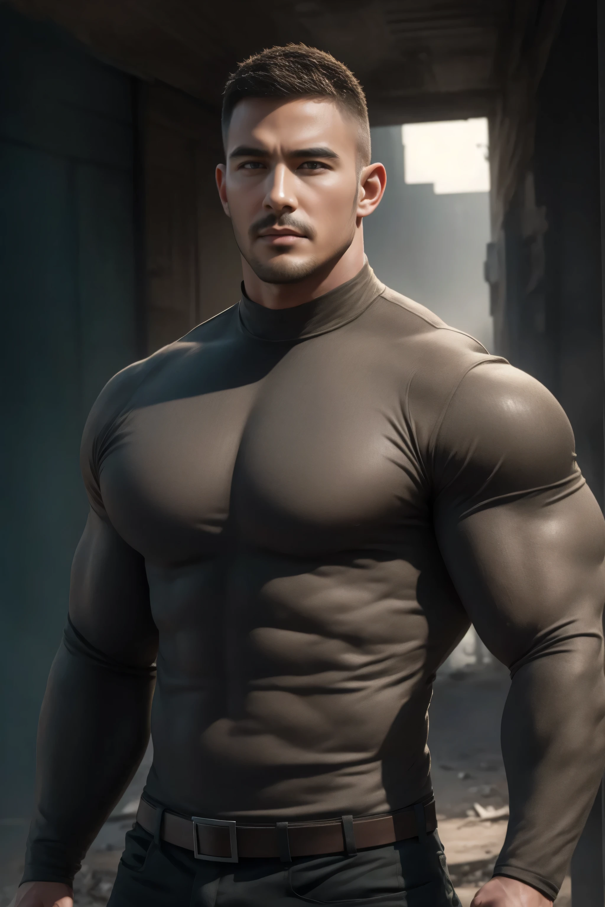 两个 Muscular男人深情拥抱着, VERY STRONG ,buzz cut,Flat head,Ruins in an abandoned city in the open air, 他背靠着脏污的墙壁,Wear a high-neck, long-sleeved, tight-fitting t-shirt in grey modal fabric, Dirty body ,He has a sad expression, Lift your chin, messy hair, thick thighs , High Aims Neck Long Sleeve Gray Brown Superhero Bodysuit, Very tight, Regular symmetrical pattern, High Aimslight muscles, 警服裤, character concept (buzz cut Chris Redfield) proud expression, Deep charming eyes, Heroic male pose, tall Burly, Muscular! Muscular thighs, Tough Guy, Perfect facial features, High Aims, Burly, Heqiang, Super exquisite and cool, High Aims Resolution Committee, Extraordinary Charm , The sun is strong, is dazzling