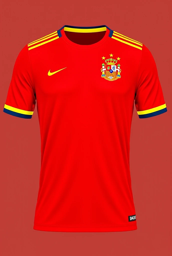 a slightly darker red t-shirt to wear in the interclass that has some yellow and red striped details and with the symbol of the Spanish team on the right side of the chest