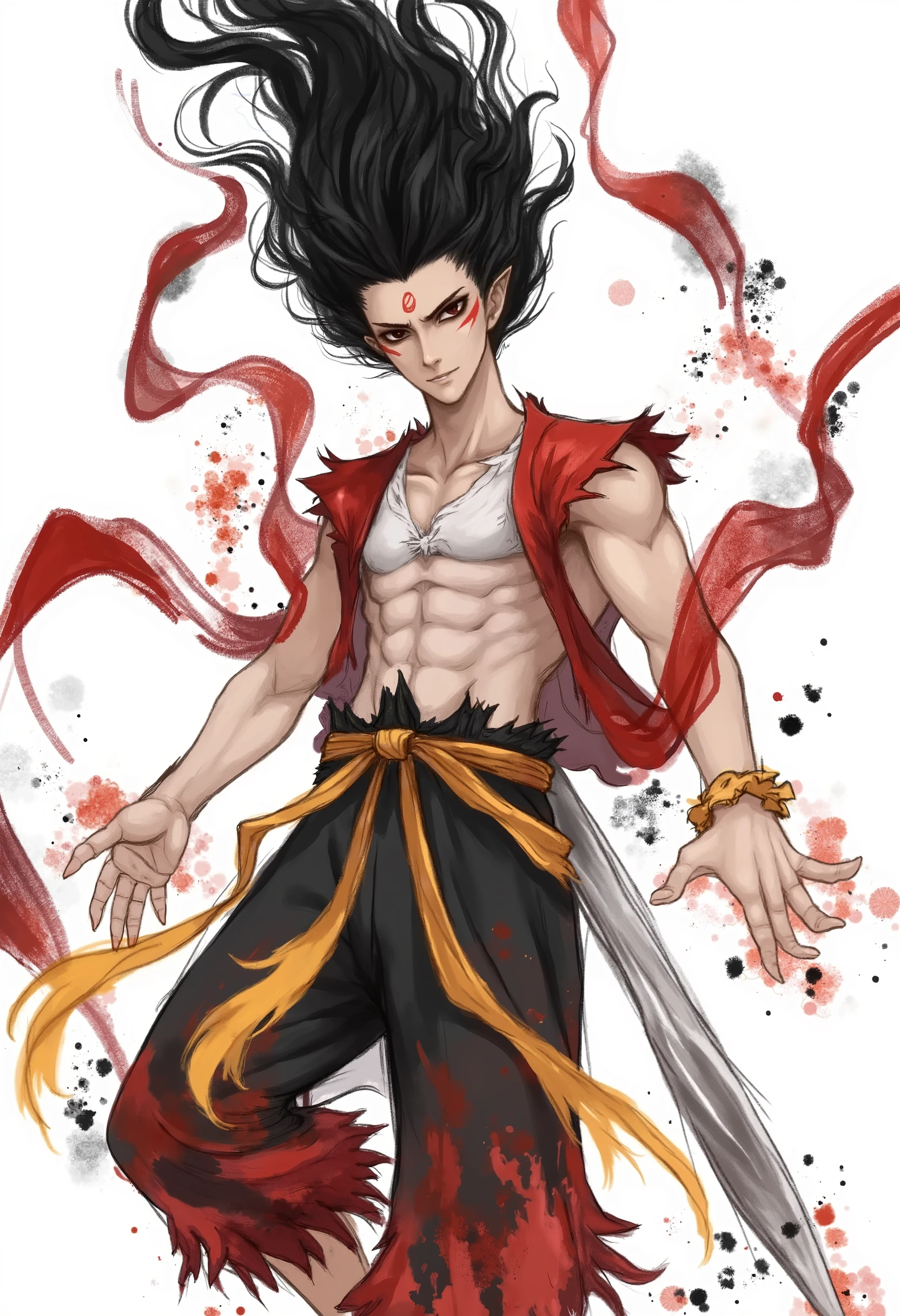 Nezha,This is a digital drawing in a stylized, anime-influenced art style. The central figure is a male warrior with a muscular, athletic build. He has long, flowing black hair that appears to be windblown, and his eyes are narrowed with intensity, giving him a fierce, determined expression. His skin is tanned, and he wears a traditional samurai outfit consisting of a black hakama (skirt-like garment) and a white kimono-like top. His right arm is extended forward, with his hand outstretched as if he is casting a spell or conjuring energy. His left arm is wrapped in a white cloth, which is tied around his wrist, adding a touch of traditional Japanese aesthetics to the design.
Surrounding him is a dynamic, abstract swirl of black and red ink, creating a sense of motion and energy. The red ink forms a flowing, ribbon-like pattern that contrasts starkly with the black and white of the figure and the background. The background is mostly white, with occasional splashes of black ink that add depth and texture. The overall composition is dynamic and dramatic, emphasizing the warrior's strength and readiness for action. The artist's signature, a small red symbol, is located on the lower right side of the image.