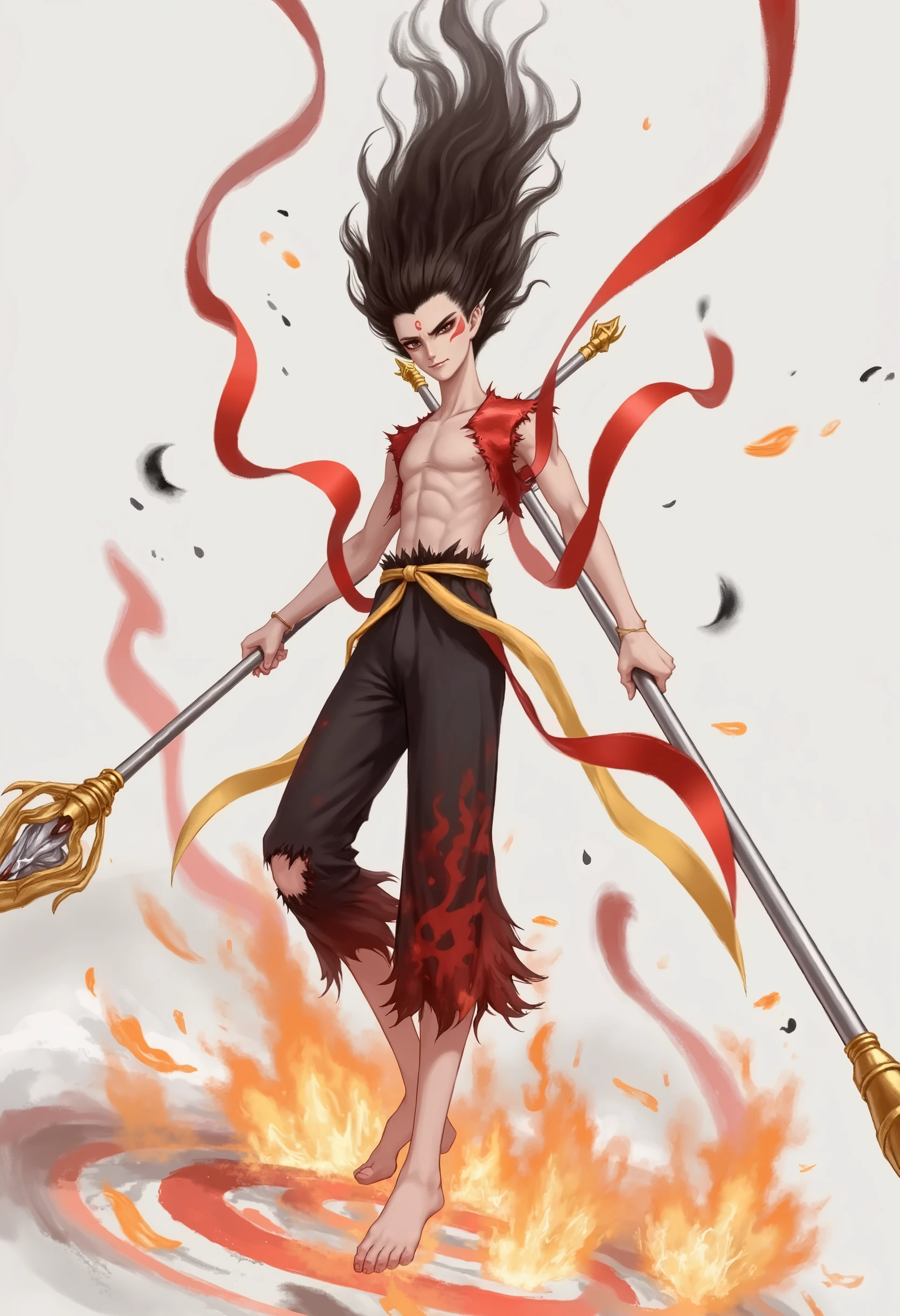 Nezha,A digital illustration in an anime-inspired style featuring a fierce, bare-chested warrior with a lean, muscular physique and light brown skin. Their long, wavy dark brown hair flows behind them in a dynamic motion, creating a sense of speed and power. A red flame-like pattern marks their forehead, adding to their intense and determined expression. They wear black pants, torn at the knees, revealing strong, muscular thighs. The warrior holds a long, slender staff with a golden tip in both hands, poised for an action-packed move, whether an attack or defense. Surrounding them are flowing red ribbons, intricately woven into their attire, amplifying the sense of motion and energy. The background is a soft light gray gradient, focusing attention solely on the warrior. Below, a fiery circular abstract design in orange and red suggests the character’s powerful connection to energy. The overall composition exudes intensity, action, and an aura of strength.