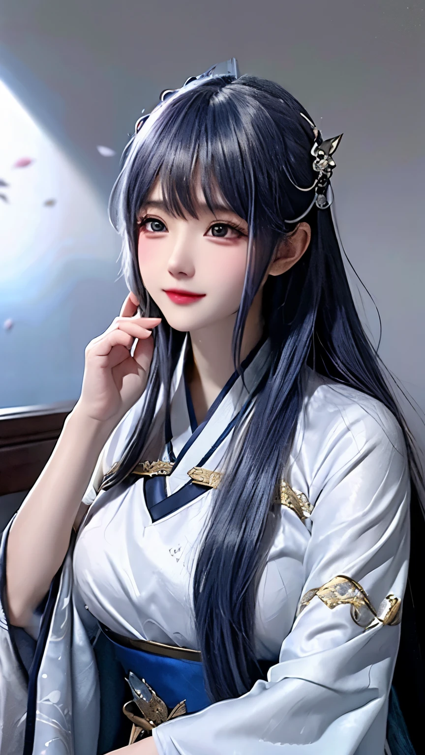 “A long silver-haired woman’s close-up portrait, wearing a soft blue dress ancient chinese hanfu like a goddess that frames her body, sitting on clear water with flying cherry petals, realistic details on skin and fabric, dramatic lighting, background of cherry trees, quiet and charming atmosphere, ultra-detailed, 8k resolution.”Unreal Engine, change clothes into bluish white goddess hanfu