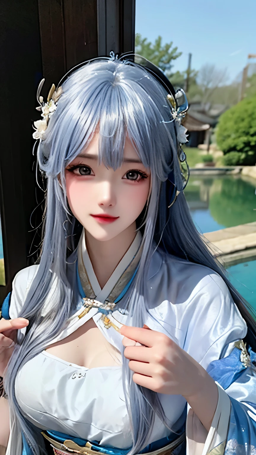 “A long silver-haired woman’s close-up portrait, wearing a soft blue dress ancient chinese hanfu like a goddess that frames her body, sitting on clear water with flying cherry petals, realistic details on skin and fabric, dramatic lighting, background of cherry trees, quiet and charming atmosphere, ultra-detailed, 8k resolution.”Unreal Engine, change clothes into bluish white goddess hanfu