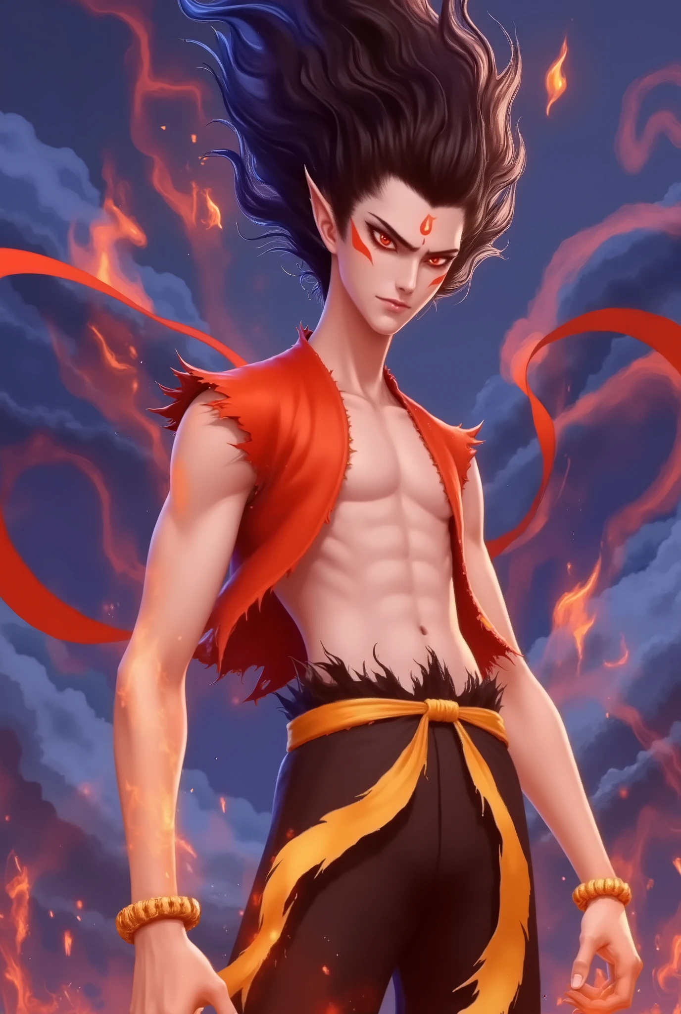Nezha,A fierce and ethereal character stands in a dynamic pose, exuding an aura of intense power. With sharp, angular features and fair skin, their glowing red eyes pierce through the scene, amplifying their intimidating presence. Short, spiky black hair flickers with flames, blending orange and red hues that ignite the surrounding background. A vivid red circular mark on their forehead adds to their mysterious, otherworldly vibe.
The character wears a sleeveless, battle-worn garment in fiery shades of orange and red, torn at the edges and frayed at the seams, highlighting their combat readiness. A gold bracelet rests on their left wrist, contrasting with the rugged look. Their right hand is raised, gripping a crimson cloth that swirls and billows dramatically behind them, infusing motion into the artwork.
The background is a deep gradient of blue and purple, swirling abstract patterns weaving around the character, merging with their fiery hair. The intense warm colors of the character—orange, red, and gold—contrast sharply against the cool blues and purples, heightening the sense of heat and power. The perfect balance of sharp contrasts and fluid motion tells the story of a battle-hardened, unstoppable force.