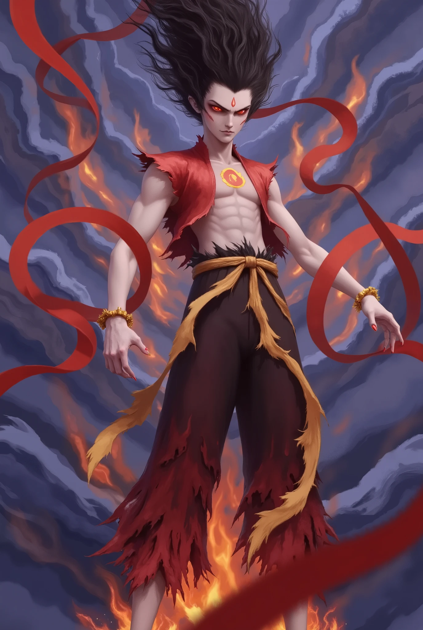 Nezha,A fierce and ethereal character stands in a dynamic pose, exuding an aura of intense power. With sharp, angular features and fair skin, their glowing red eyes pierce through the scene, amplifying their intimidating presence. Short, spiky black hair flickers with flames, blending orange and red hues that ignite the surrounding background. A vivid red circular mark on their forehead adds to their mysterious, otherworldly vibe. 
The character wears a sleeveless, battle-worn garment in fiery shades of orange and red, torn at the edges and frayed at the seams, highlighting their combat readiness. A gold bracelet rests on their left wrist, contrasting with the rugged look. Their right hand is raised, gripping a crimson cloth that swirls and billows dramatically behind them, infusing motion into the artwork. 
The background is a deep gradient of blue and purple, swirling abstract patterns weaving around the character, merging with their fiery hair. The intense warm colors of the character—orange, red, and gold—contrast sharply against the cool blues and purples, heightening the sense of heat and power. The perfect balance of sharp contrasts and fluid motion tells the story of a battle-hardened, unstoppable force.