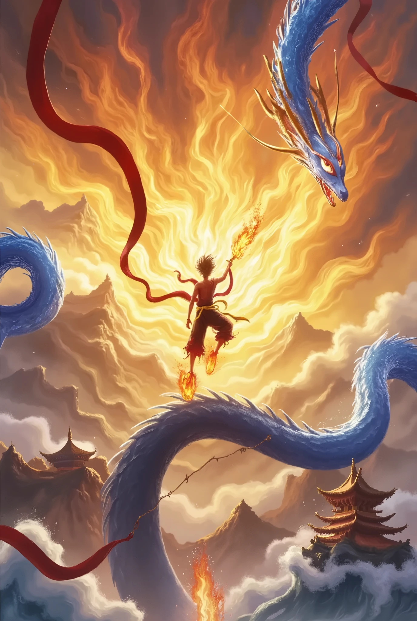 Nezha,A vibrant digital artwork capturing an epic and dynamic battle. At the center, a young martial artist soars mid-air, his traditional red and black outfit billowing dramatically in the wind. His fiery red scarf streams behind him, adding motion to the scene. With legs bent and arms extended, he holds a blazing sword with fierce determination. His face radiates focus and intensity, as he prepares for a powerful strike.
Opposing him is a massive blue dragon, its sinuous body coiled in a defensive stance. The dragon’s scales gleam with a metallic sheen, catching the light as it moves. Its mouth is agape, revealing razor-sharp teeth, while its eyes glow with an ominous, fiery light. Intricate details in its scales give the creature an almost tactile texture, adding depth and realism to its mythical form.
The environment around them pulses with energy. The sky is a vivid whirl of warm oranges and yellows at the top, shifting into cool blues and purples at the bottom, symbolizing the clash of opposing forces. Clouds and mist swirl around the two combatants, creating a sense of motion and turbulence. In the background, ancient Chinese architecture peeks through the mist, with traditional pagodas and buildings that convey a sense of rich history and culture.
The overall composition creates a feeling of high-stakes combat, blending martial arts mysticism with fantasy, power, and intense action. The energy from the martial artist’s sword and the dragon’s fiery gaze pulse through the piece, drawing the viewer into this moment of mythical struggle.