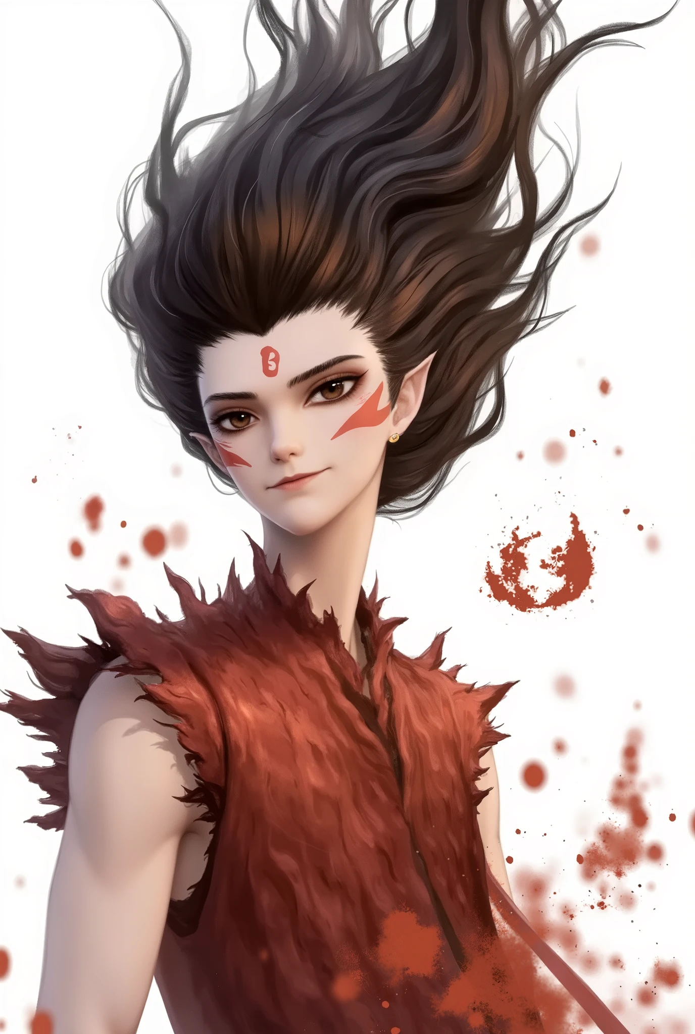 Nezha,A digital portrait of a young, androgynous figure with a calm, serene expression. The character has fair skin, and their long, flowing hair appears windblown, with strands of dark brown and black cascading in all directions, blending seamlessly into each other. The hair’s gradient effect adds to its natural, untamed look. Their almond-shaped eyes, warm brown with a subtle upward tilt, exude an ethereal, almost otherworldly charm.
Red tribal markings intricately cover their face, starting from the temples and extending down the cheeks in a stylized, symmetrical pattern, giving the character a mystical vibe. They wear a sleeveless, fur-like garment in rich shades of red and brown, with textures resembling rough, feathery fibers that add depth and complexity to the piece. The garment is illuminated in a way that accentuates its tactile, layered design.
The background is a simple, pristine white, allowing the character and their elaborate features to stand out sharply. The composition merges realism with elements of fantasy, channeling traditional Asian art styles while incorporating modern digital techniques to create a visually striking piece. The interplay of light and shadow across the character’s features gives the image a three-dimensional presence, making it feel alive, almost as if the character could step off the page.