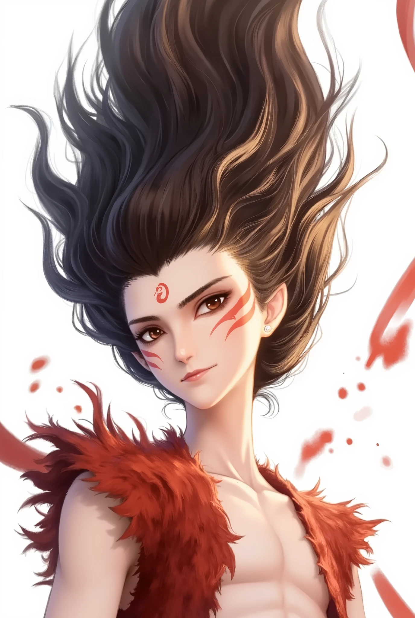 Nezha,A digital portrait of a young, androgynous figure with a calm, serene expression. The character has fair skin, and their long, flowing hair appears windblown, with strands of dark brown and black cascading in all directions, blending seamlessly into each other. The hair’s gradient effect adds to its natural, untamed look. Their almond-shaped eyes, warm brown with a subtle upward tilt, exude an ethereal, almost otherworldly charm.
Red tribal markings intricately cover their face, starting from the temples and extending down the cheeks in a stylized, symmetrical pattern, giving the character a mystical vibe. They wear a sleeveless, fur-like garment in rich shades of red and brown, with textures resembling rough, feathery fibers that add depth and complexity to the piece. The garment is illuminated in a way that accentuates its tactile, layered design.
The background is a simple, pristine white, allowing the character and their elaborate features to stand out sharply. The composition merges realism with elements of fantasy, channeling traditional Asian art styles while incorporating modern digital techniques to create a visually striking piece. The interplay of light and shadow across the character’s features gives the image a three-dimensional presence, making it feel alive, almost as if the character could step off the page.