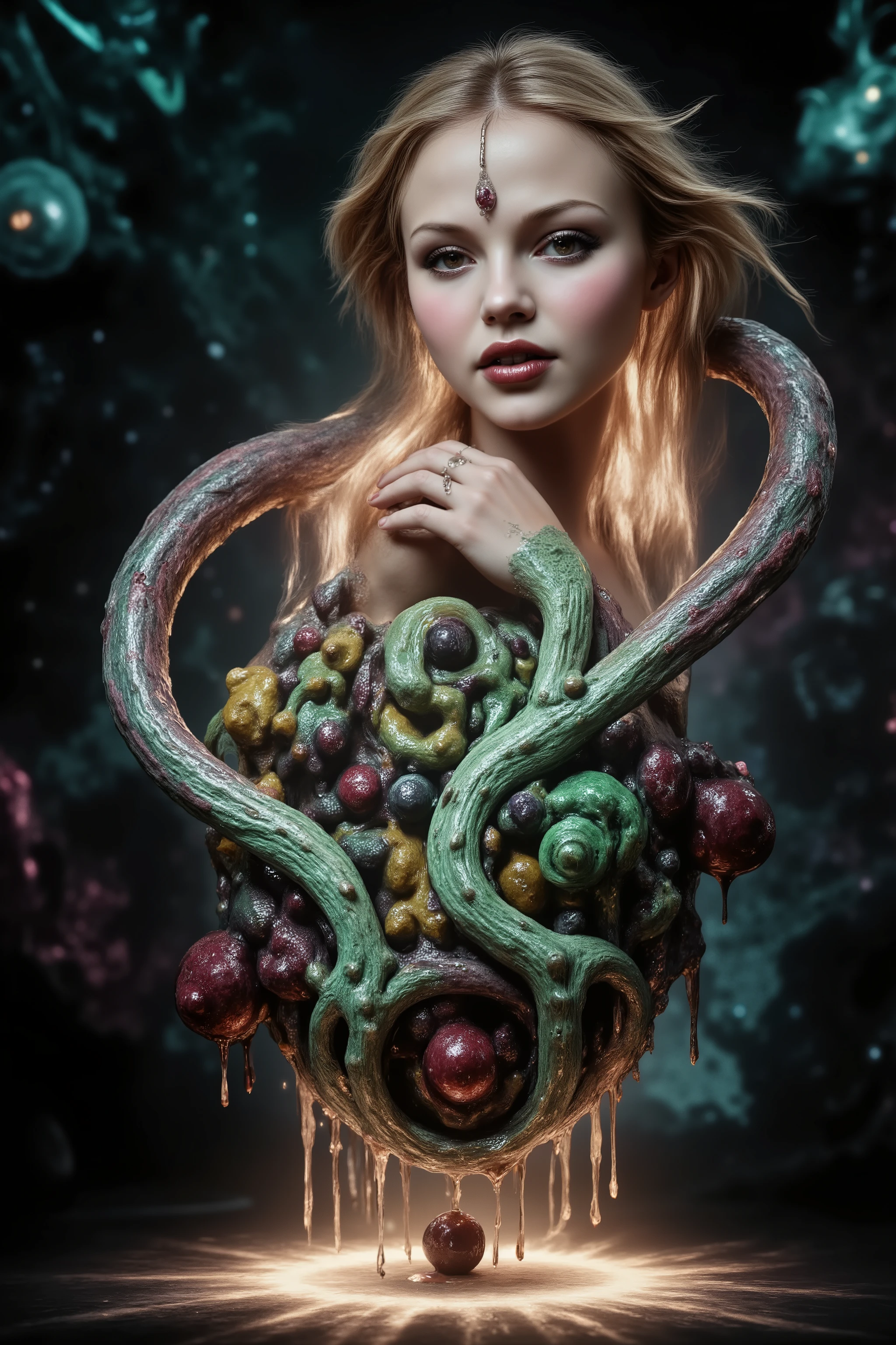 The brightest neon colors and shine reflect off swirling bands of light twisting around a blonde young woman, very attractive, her mermaid, bell shaped dress is extremely reflective and mirror like, and opens up, leaving several yards of material on the floor around her. Incorporate perfect symmetry and rotational symmetry. A psychedelic image of, vibrant colors shimmering, glass morphing from colors, intricate rainbow patterns twist in and out of objects while dripping into each other, perfectly formed symmetrical spheres and glowing reflective bubbles, extreme attention to detail on the bubbles and spheres, rainbows of color twist out of translucent orbs, swirls of paint, and spirals of color in the background, beautiful psychedelic neon colors, 4d mandelbulb psychedelic underwater brightness, trails of color and light, bright fluorescent colors, psychedelic vibrant colors, bright psychedelic neon colors, colorful paint drips out of the bubbles, 3D glass spheres melting into each other spilling out colors, visually disorienting, hallucination inducing, optical illusions, startling, stunning images, awe-inspiringly, best quality wallpaper, portrait photography, surrealism, photorealistic, hyper detailed, glass morphism, sparkle, optical illusion, glowing light, reflection light, overexposure, god rays backlighting, depth of field, rotational symmetry, UHD, high details, high quality, super detailed, best quality, award winning, Masterpiece. Spheres reflecting light everywhere and it brings out images and optical illusions for the viewer's disorienting experience of looking at it. Super bright neon Colors.** incorporate bright neon green, neon blue, neon purple, neon yellow, &blood red**Extreme glow and shine.