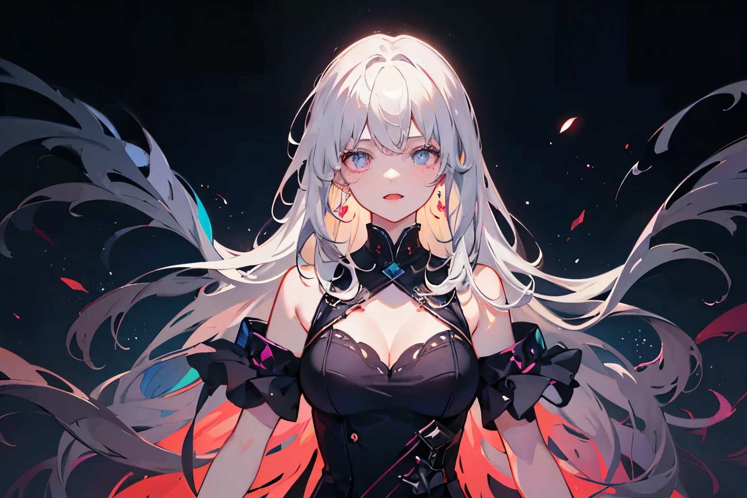 8k,High resolution RAW color art,Anime Art, (((Very detailed and cool))), Detailed skin, Blur、texture,(Exquisitely crafted, The finer details, Ultra-detailed art), (((1 girl))), Depth of written boundary, Silky Touch, Hyper Detail, (((Cool face))), eye shadow、Silver Marble Skin, Beautiful detailed red eyes, Beautiful lip detail, Very delicate face, Delicate depiction of hair and eyes, Delicate fashion, Silver earrings,Silver Bracelet、Full body depiction, Black half top、(((Shoulder Bare)))、Black shorts、black waist cloak、black tights、 A little bit of grey hair, Straight Hair、Semi-long hair、(((Hair)))、water surface、silk clotheatte、Tree Eyes、Snowstorm、Transparency