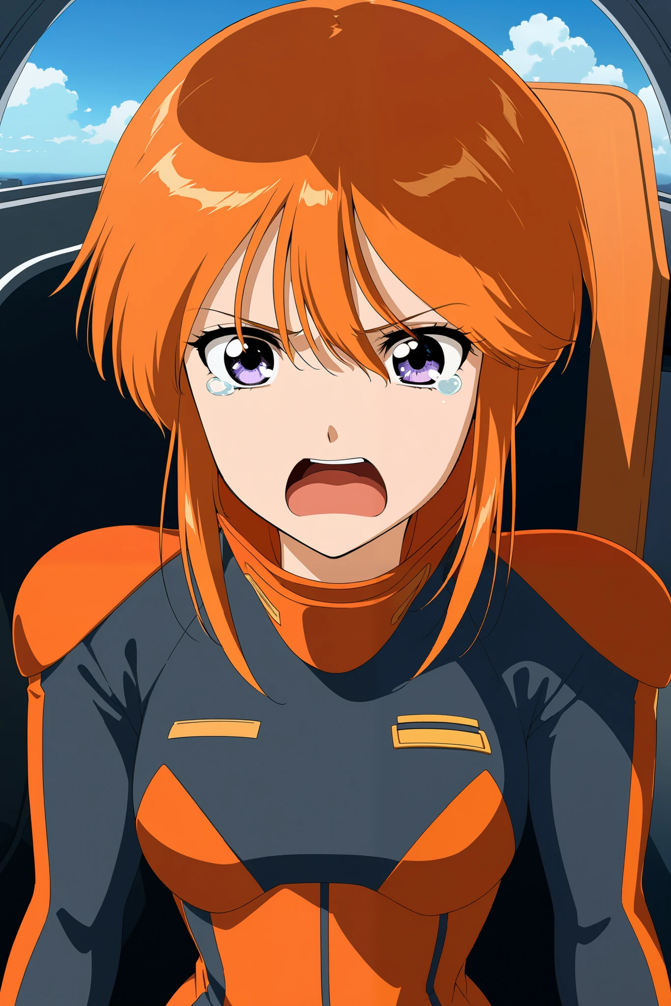 1girl ,Alone,lppl2,upper_body, orange_hair,pilot_suit,best_quality、 cockpit in the background、 sits in the cockpit、 crying face、 I'm screaming with my mouth open 、anime_screencap,
