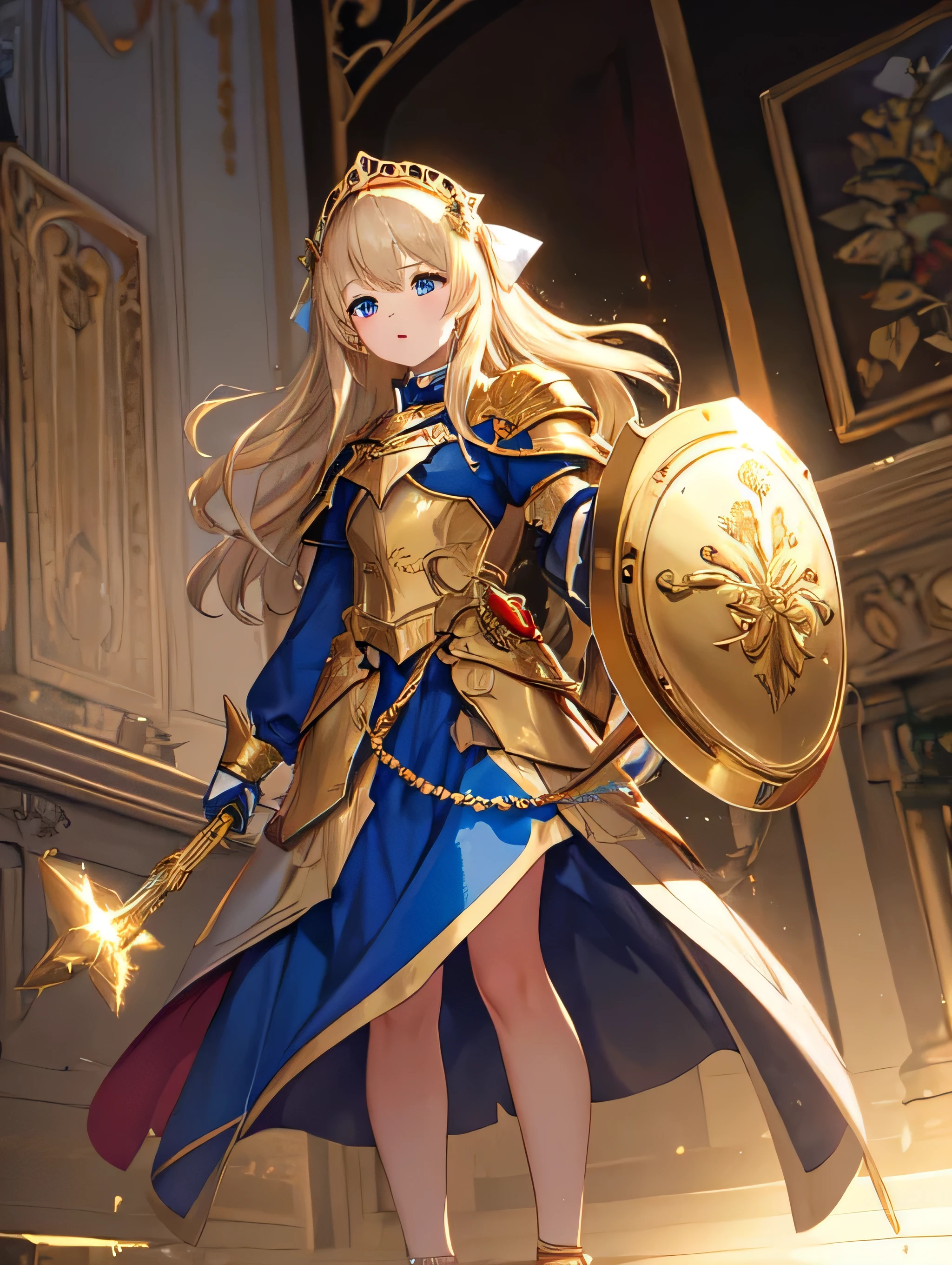 masterpiece,best quality,highres,cinematic lighting,dramatic angle,1girl,alternative2, hair ornament, straight hair,light blonde hair,ribbon,glowing,serious,shaded face,full body view,gold armor,white and gold drress,looking at viewer,dynamic angle,depth of field,blue eyes,cowboy shot,(((holding gold shield))),from below,TCG art
