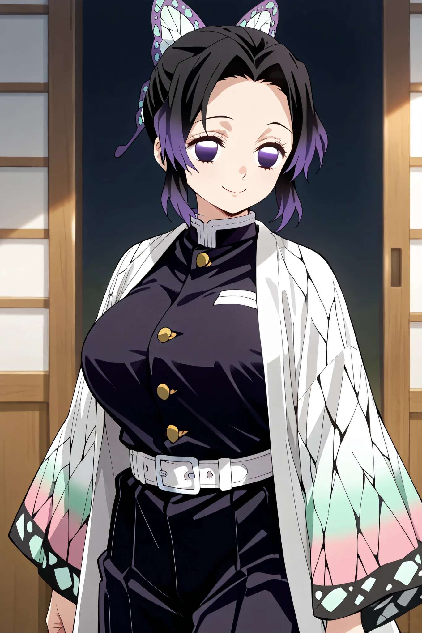 1girl,
shinobu kochou, animal print, black hair, butterfly hair ornament, butterfly print, forehead, gradient hair, hair ornament, haori, multicolored hair, parted bangs, purple hair, short hair, two-tone hair,
belt, black pants, butterfly print, coat, demon slayer uniform, haori, japanese clothes, pants, uniform,large breast,
body,cowboy shot,from front,
happy smile,
electile nipples through clothes,
(extremely detailed CG,masterpiece, highres icon,absurdres,4K),